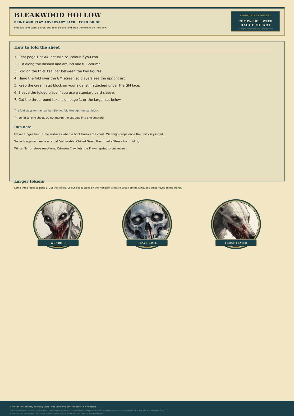 Bleakwood Hollow fold guide. Numbered cut-and-fold steps and larger face tokens.