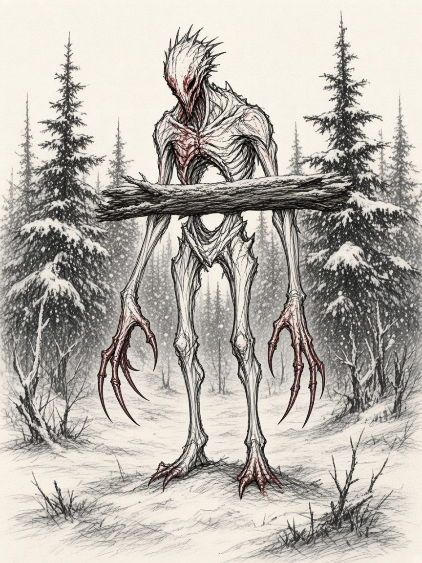 Bleakwood Hollow cover. Drypoint winter wight with an open ribcage in a frozen spruce wood.