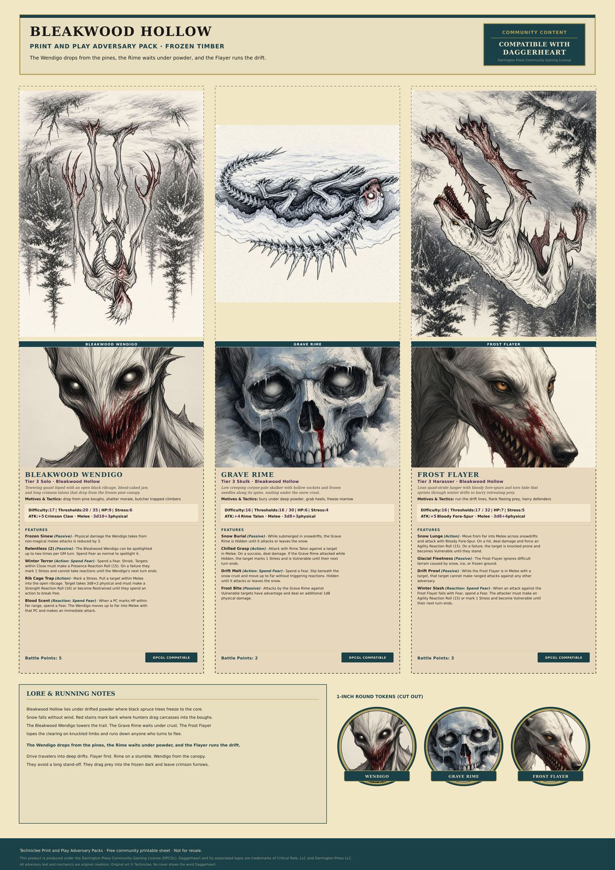 Bleakwood Hollow · Frozen Timber print and play adversary pack. Full page 1 of the A4 play sheet with three fold-and-stand adversaries, tokens, and a lore strip.