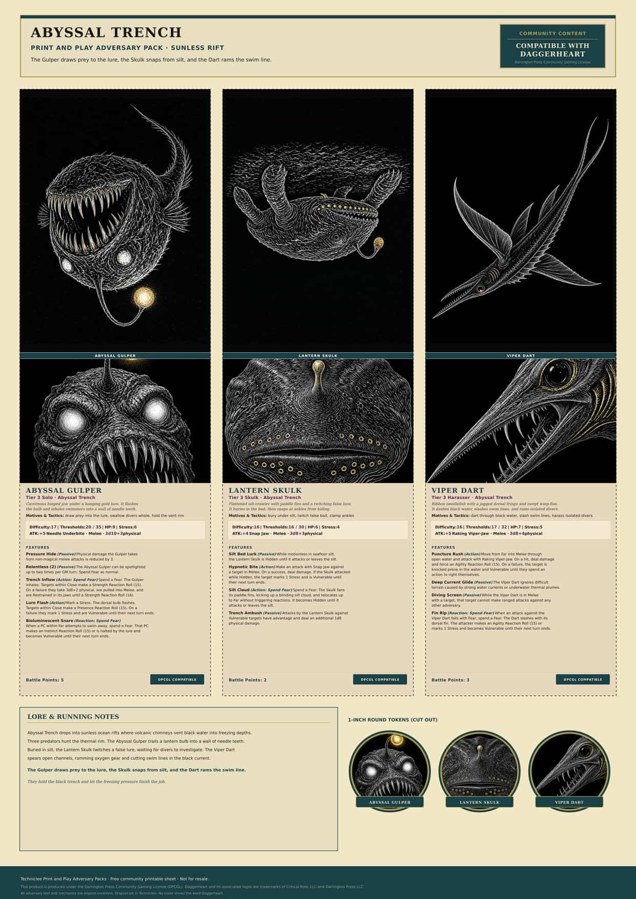 Abyssal Trench · Sunless Rift print and play adversary pack. A4 printable sheet with fold-and-stand adversaries, tokens, and a lore strip.