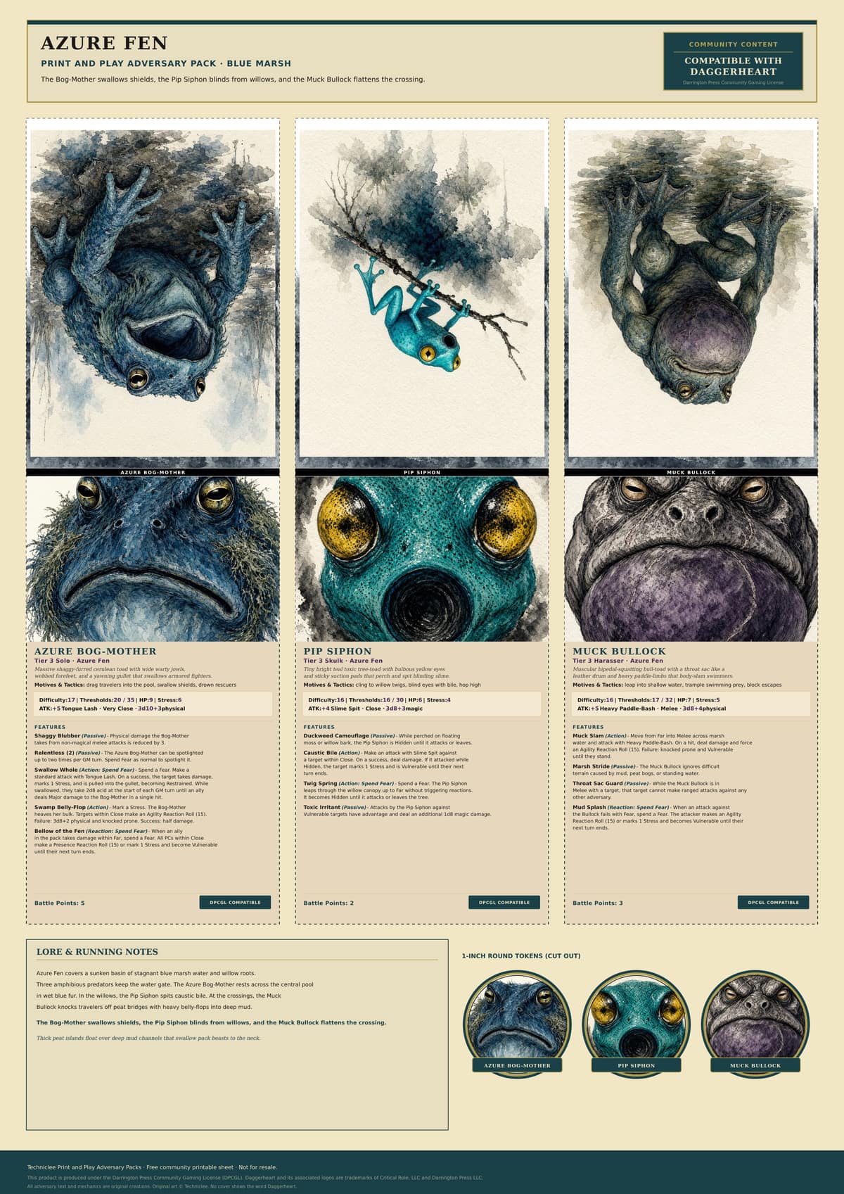 Azure Fen · Blue Marsh print and play adversary pack. A4 printable sheet with fold-and-stand adversaries, tokens, and a lore strip.