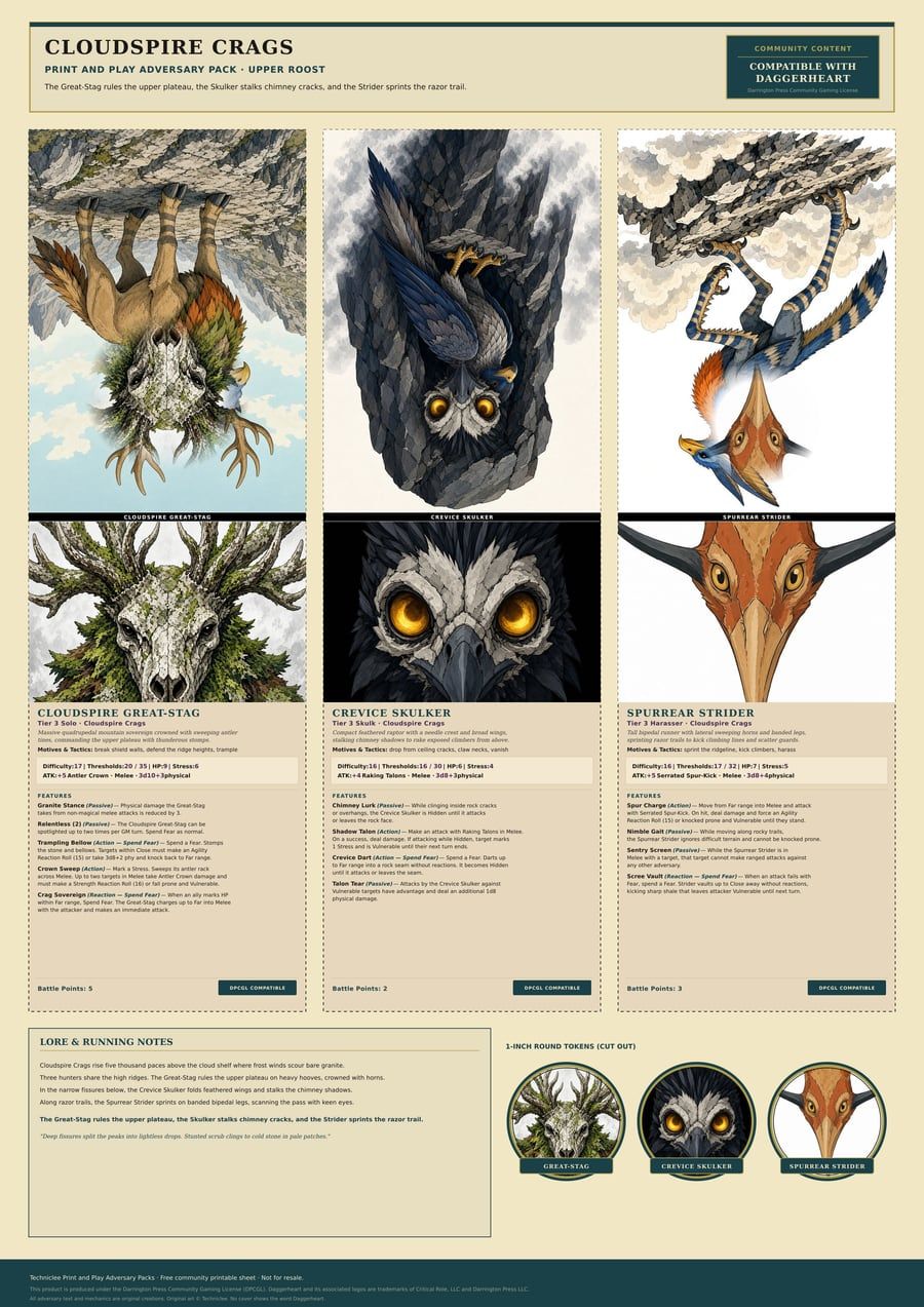 Cloudspire Crags · Upper Roost print and play adversary pack. A4 printable sheet with fold-and-stand adversaries, tokens, and a lore strip.