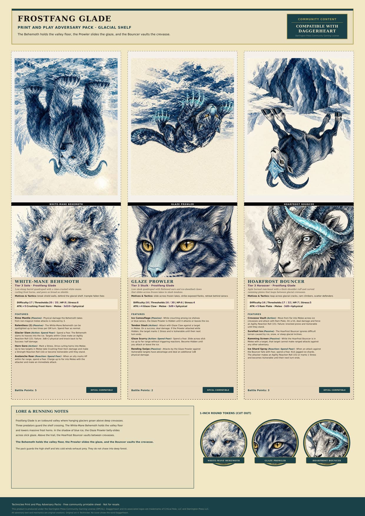 Frostfang Glade · Glacial Shelf print and play adversary pack. Full A4 printable sheet with fold-and-stand adversaries, tokens, and a lore strip.
