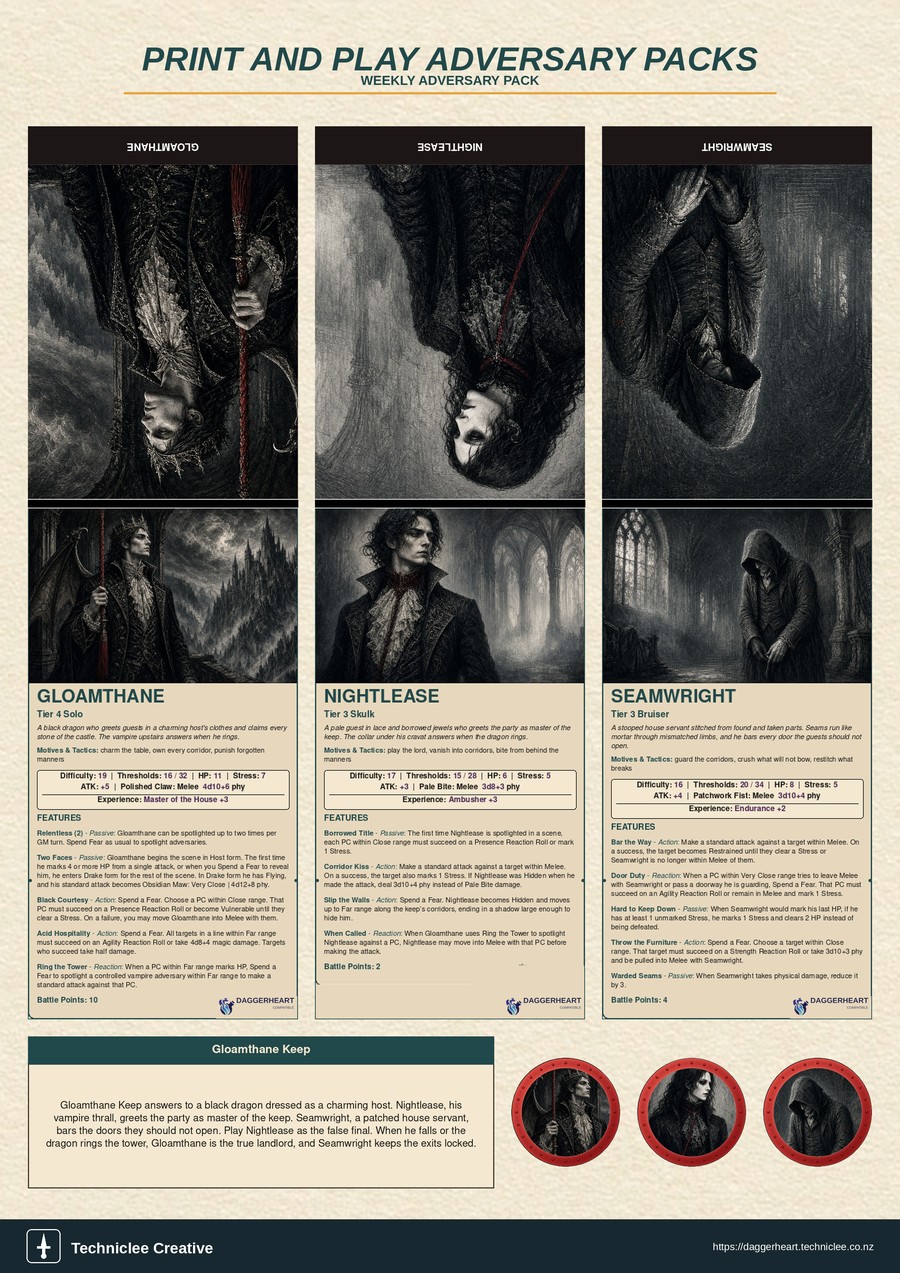 Gloamthane Keep print and play adversary pack. A4 printable with three fold-and-stand adversaries, tokens, and lore strip.