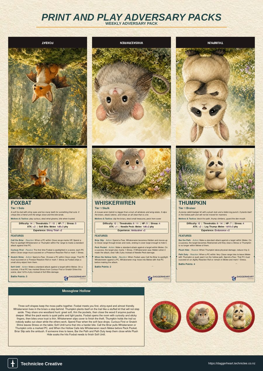 Mossglow Hollow print and play adversary pack. A4 printable with three fold-and-stand adversaries, tokens, and lore strip.