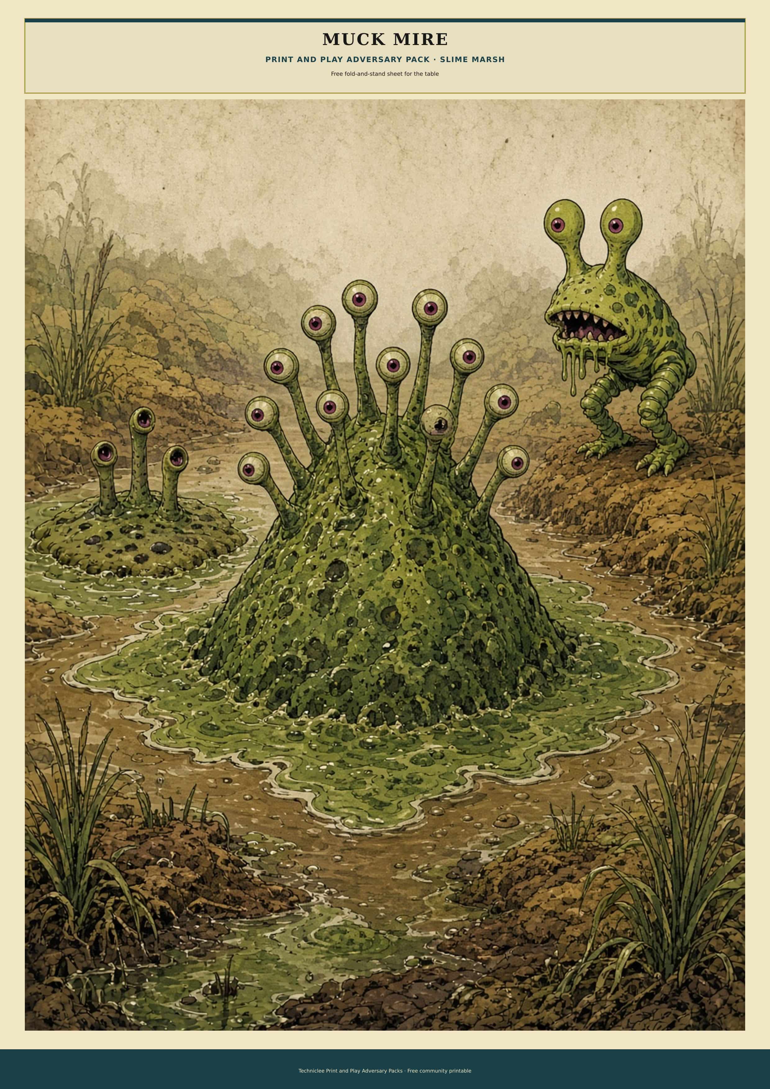 Muck Mire cover. Three separate slime-marsh adversaries on the peat, no merged blob.
