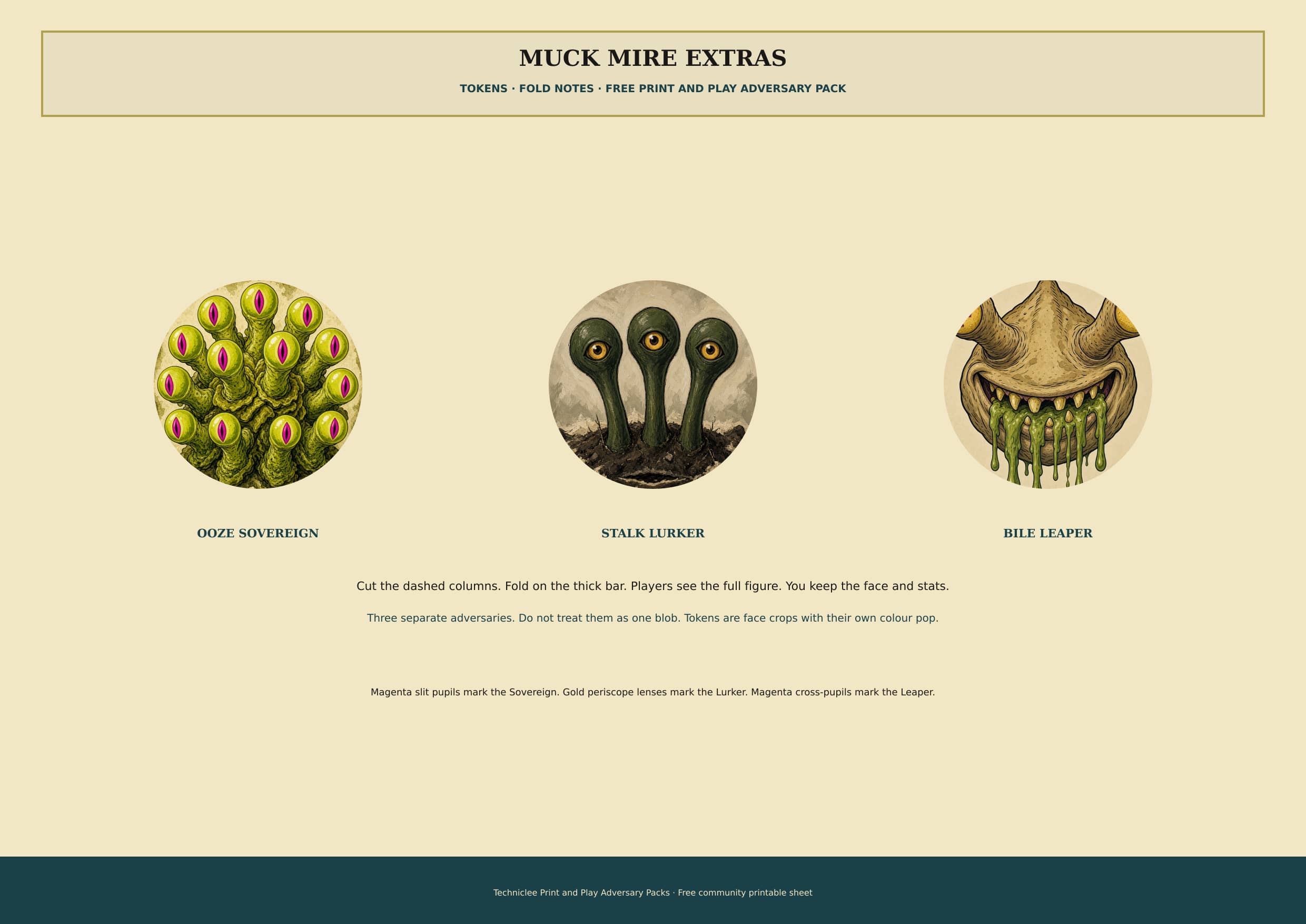 Muck Mire extras. Three 1-inch token faces and fold notes for the free Print and Play Adversary Pack.