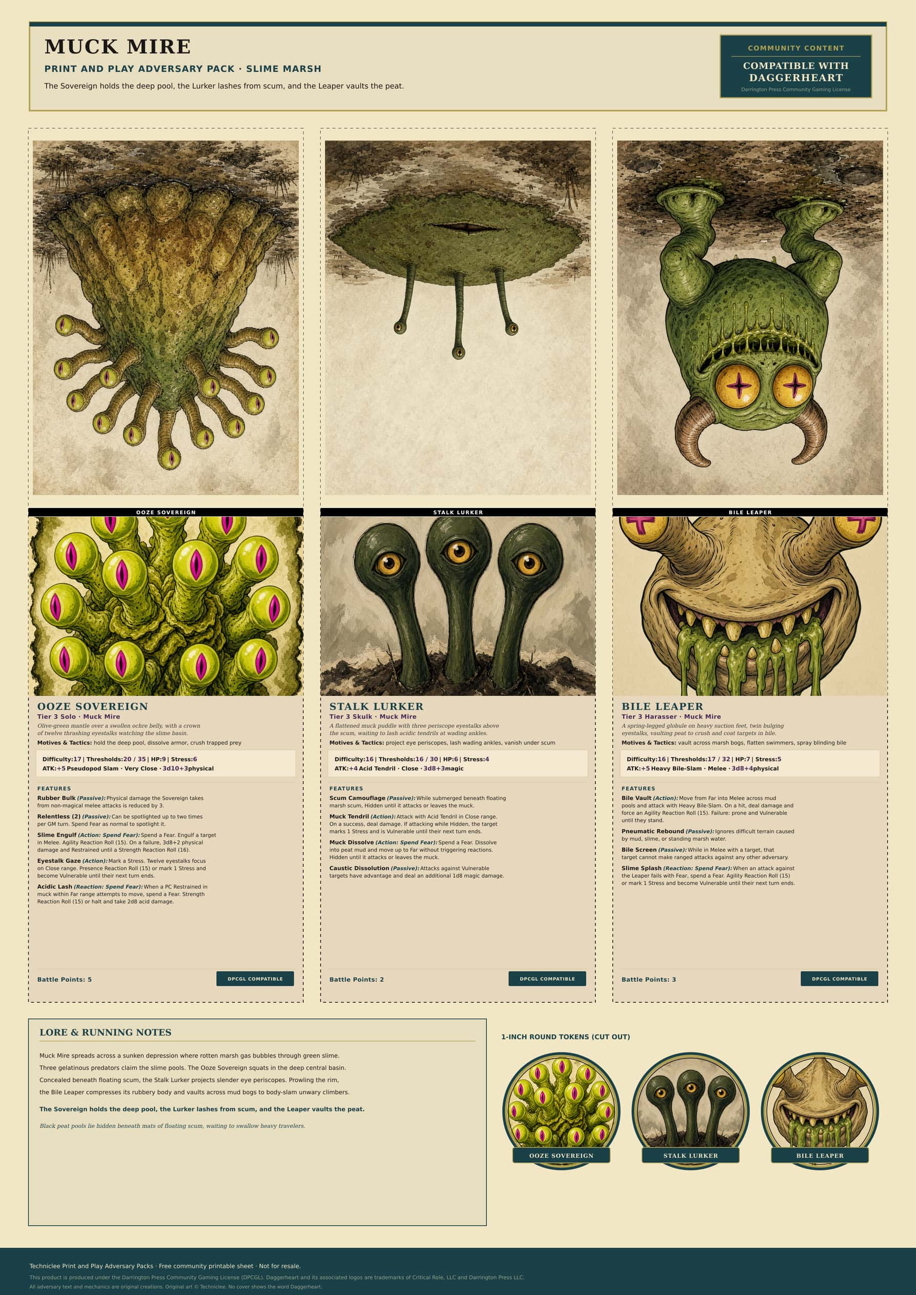 Muck Mire · Slime Marsh print and play adversary pack. A4 printable sheet with three fold-and-stand adversaries, tokens, and a lore strip.