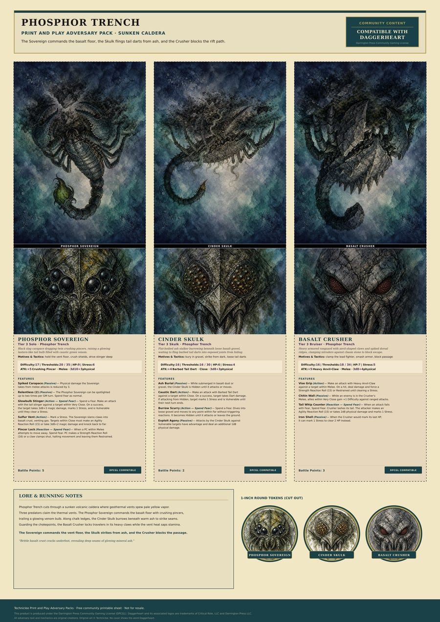 Phosphor Trench · Sunken Caldera print and play adversary pack. A4 printable sheet with fold-and-stand adversaries, tokens, and a lore strip.