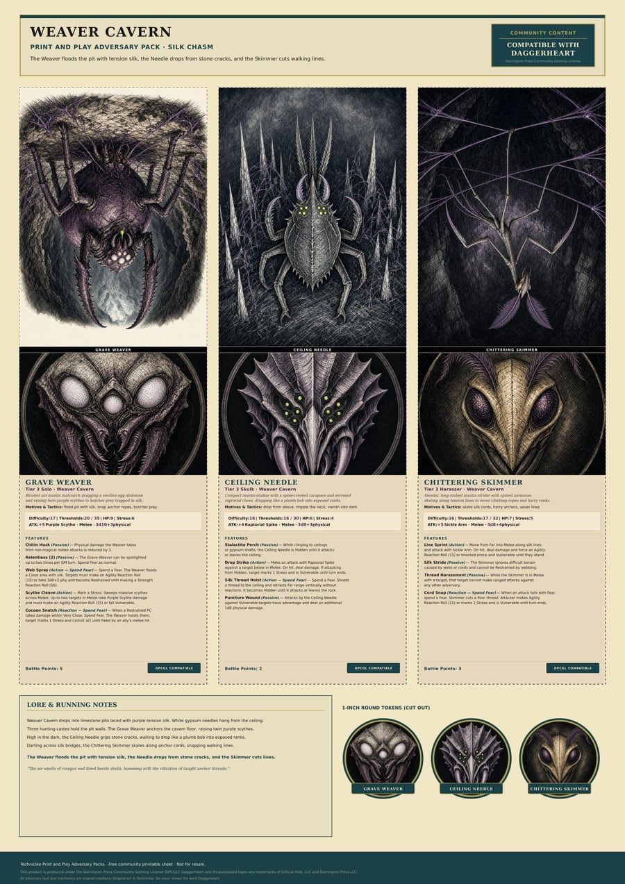 Weaver Cavern · Silk Chasm print and play adversary pack. A4 printable sheet with fold-and-stand adversaries, tokens, and a lore strip.