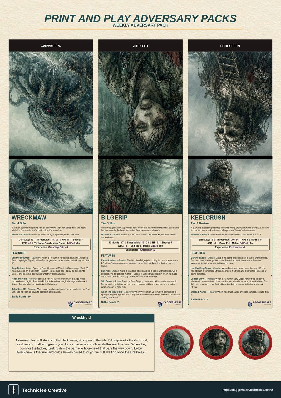 Wreckhold print and play adversary pack. A4 printable with three fold-and-stand adversaries, tokens, and lore strip.
