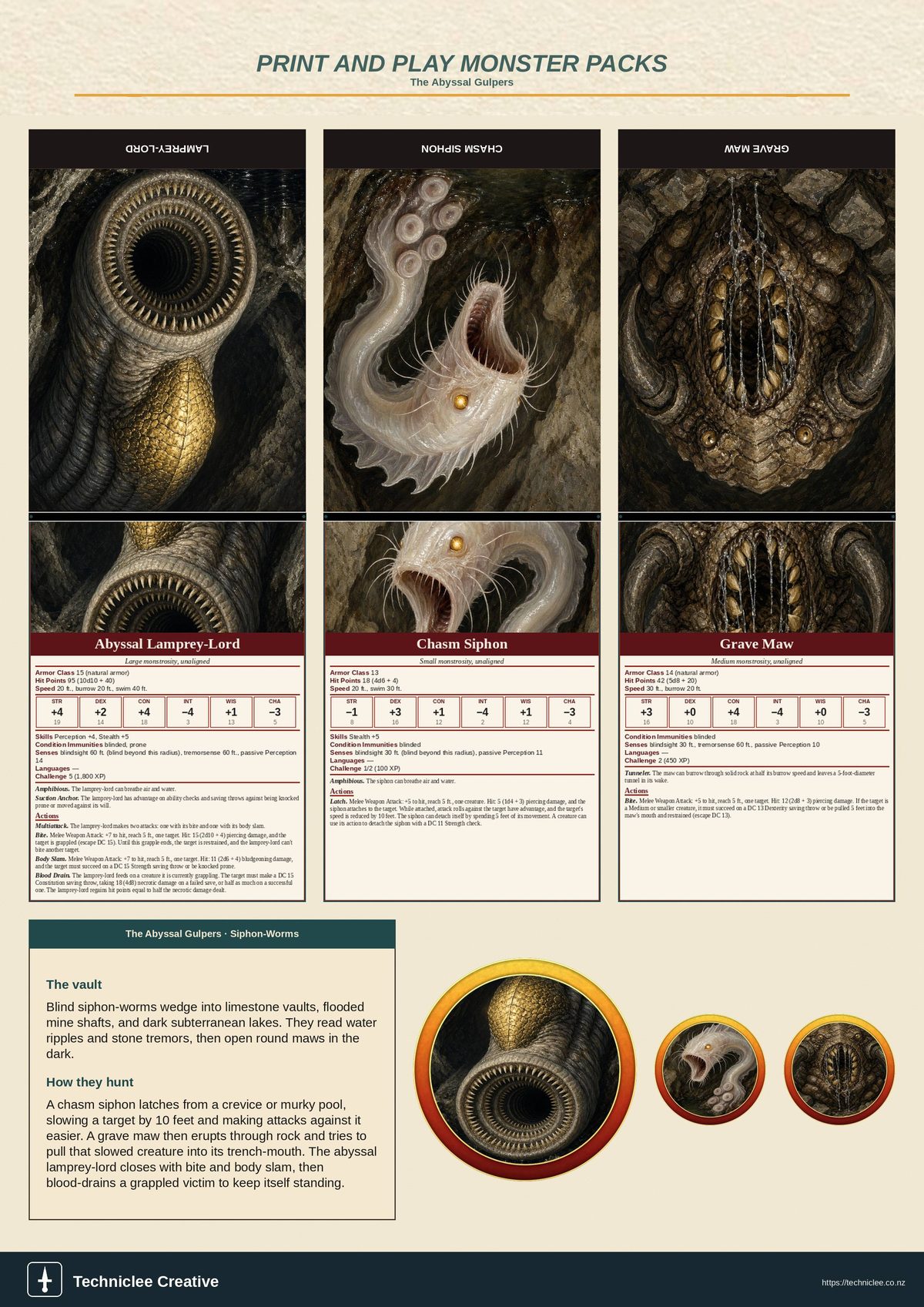 The Abyssal Gulpers print and play 5e monster pack. A4 printable with three fold-and-stand siphon-worms, tokens, and lore strip.