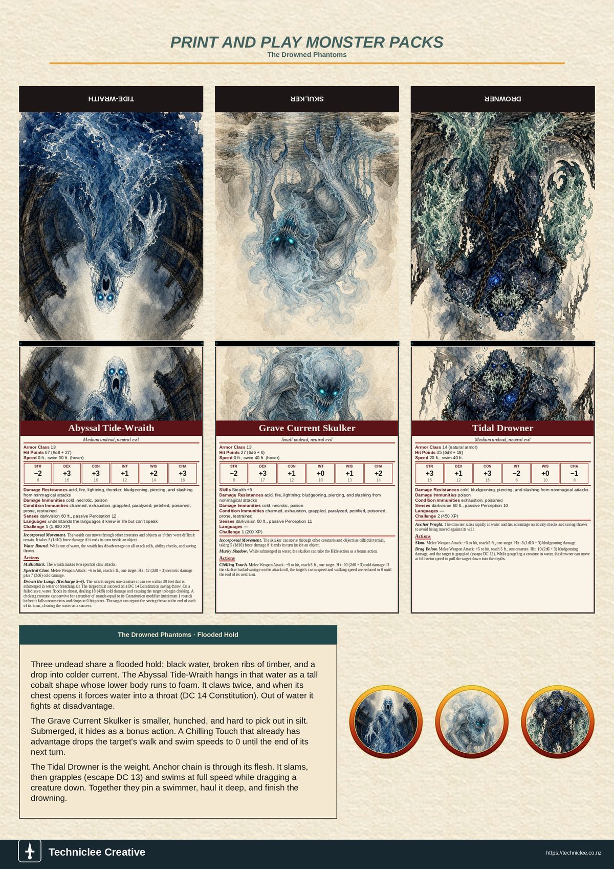 The Drowned Phantoms print and play 5e monster pack. A4 printable with three fold-and-stand undead, tokens, and lore strip.