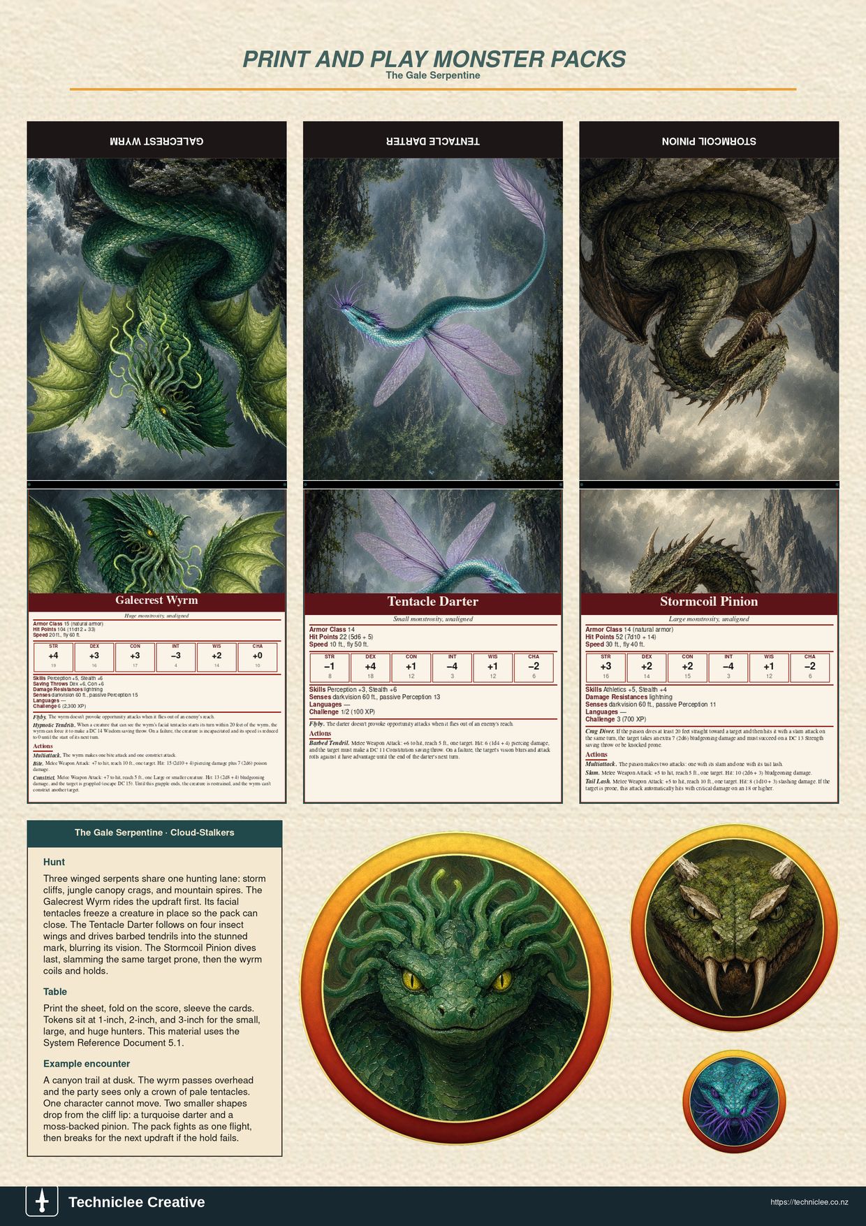 The Gale Serpentine print and play 5e monster pack. A4 printable with three fold-and-stand cloud-stalkers, tokens, and lore strip.
