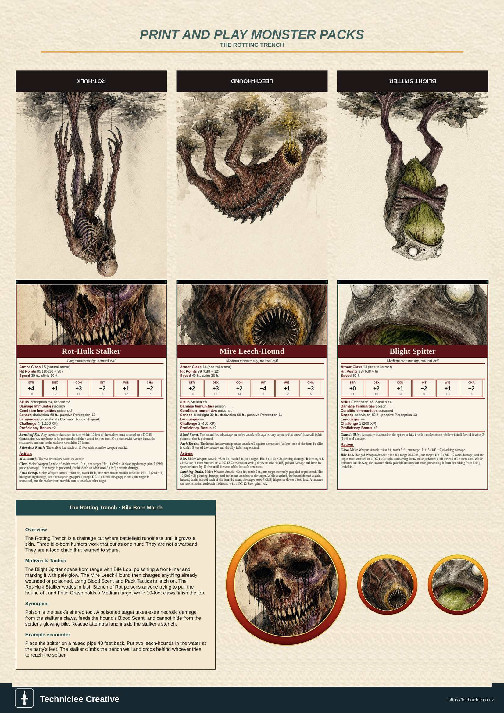 The Rotting Trench print and play 5e monster pack. A4 printable with three fold-and-stand bile-born hunters, tokens, and lore strip.
