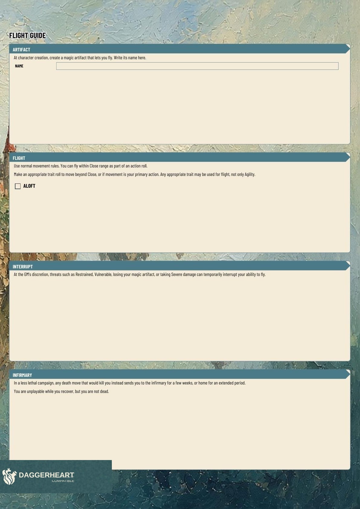 Aerie A3 character sheet extras page: the Flight guide with an artifact name field, over painted sky art