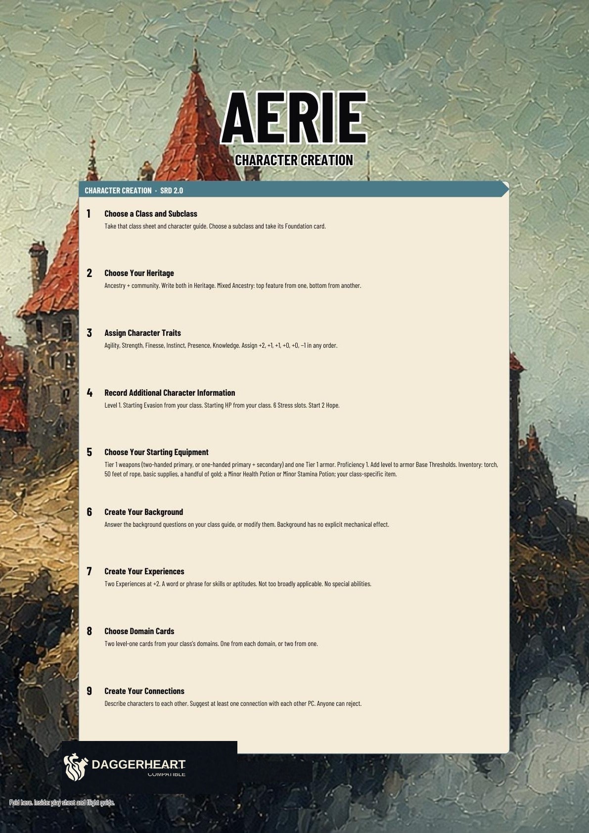 Aerie printable folio cover. Title, character creation, connections, and backstory.