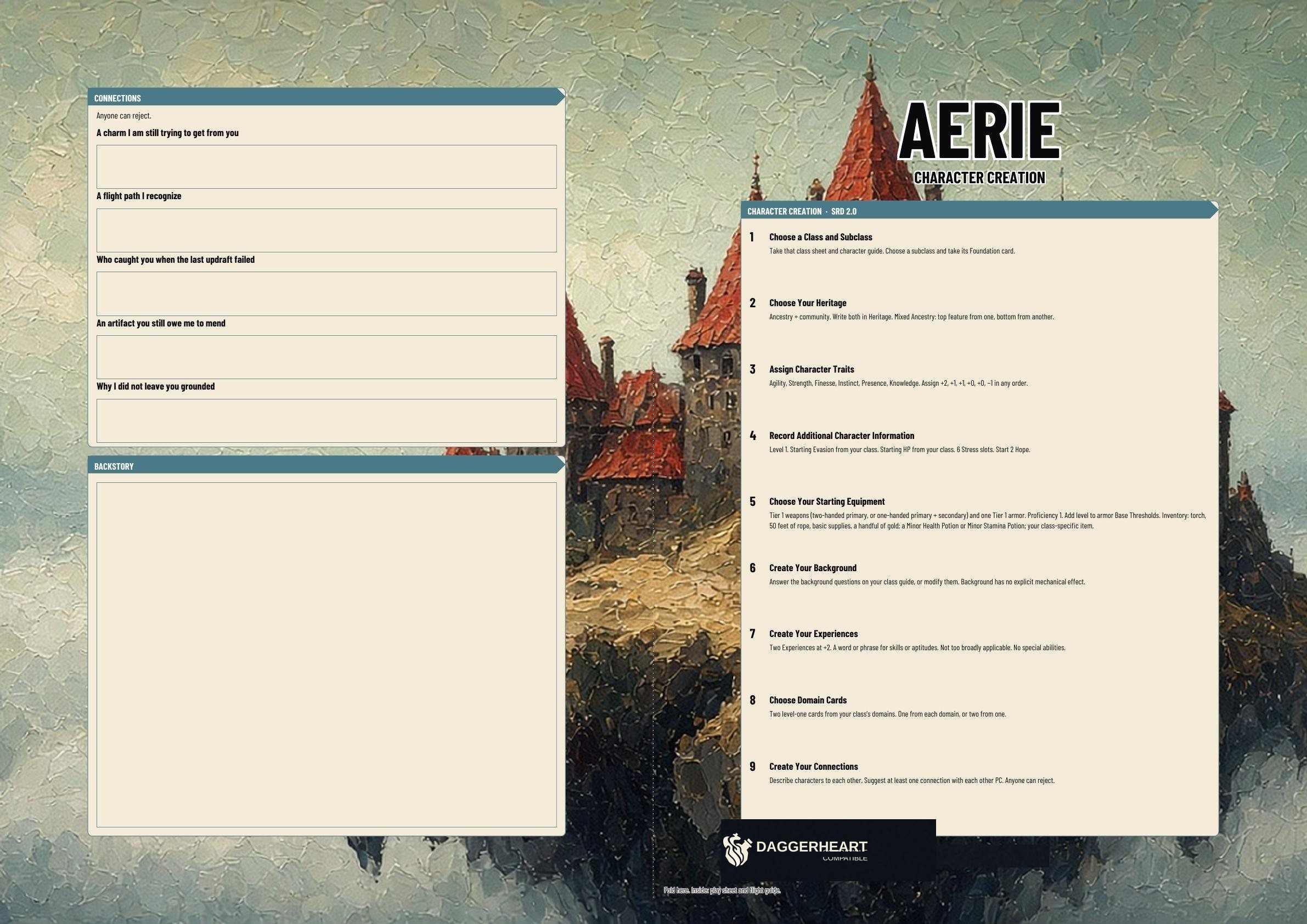 Aerie A3 Character Sheet. Full page 1 of the A3 folio.