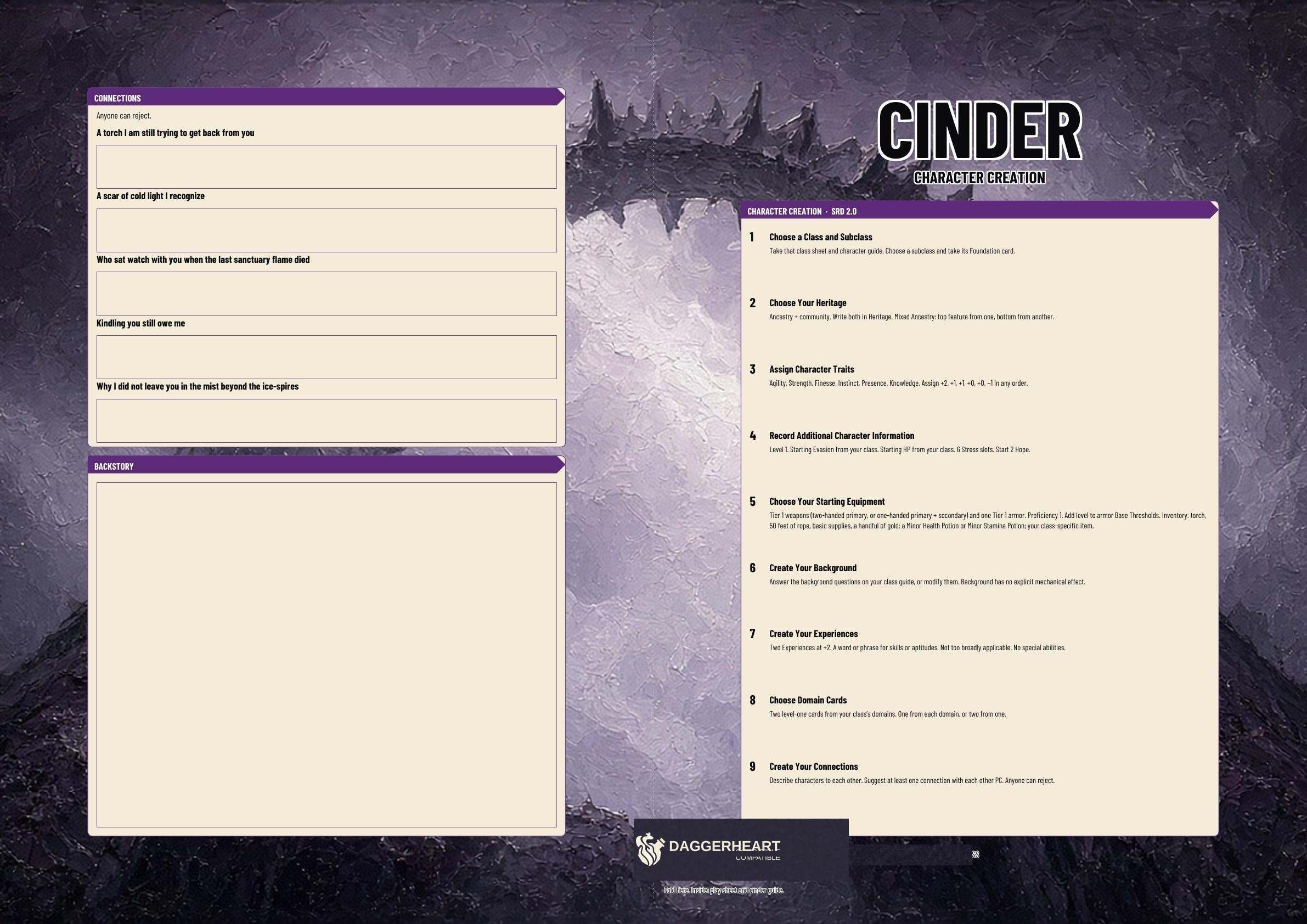 Cinder A3 Character Sheet. Full page 1 of the A3 folio.