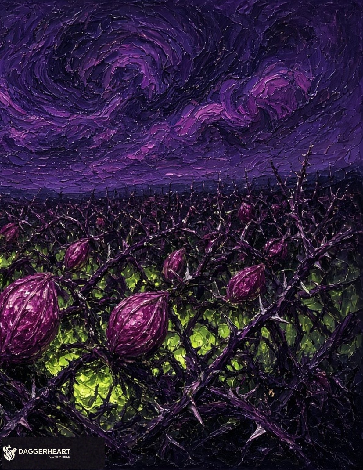Dirge artwork. Magenta seed pods in purple thorns under a lime glow.