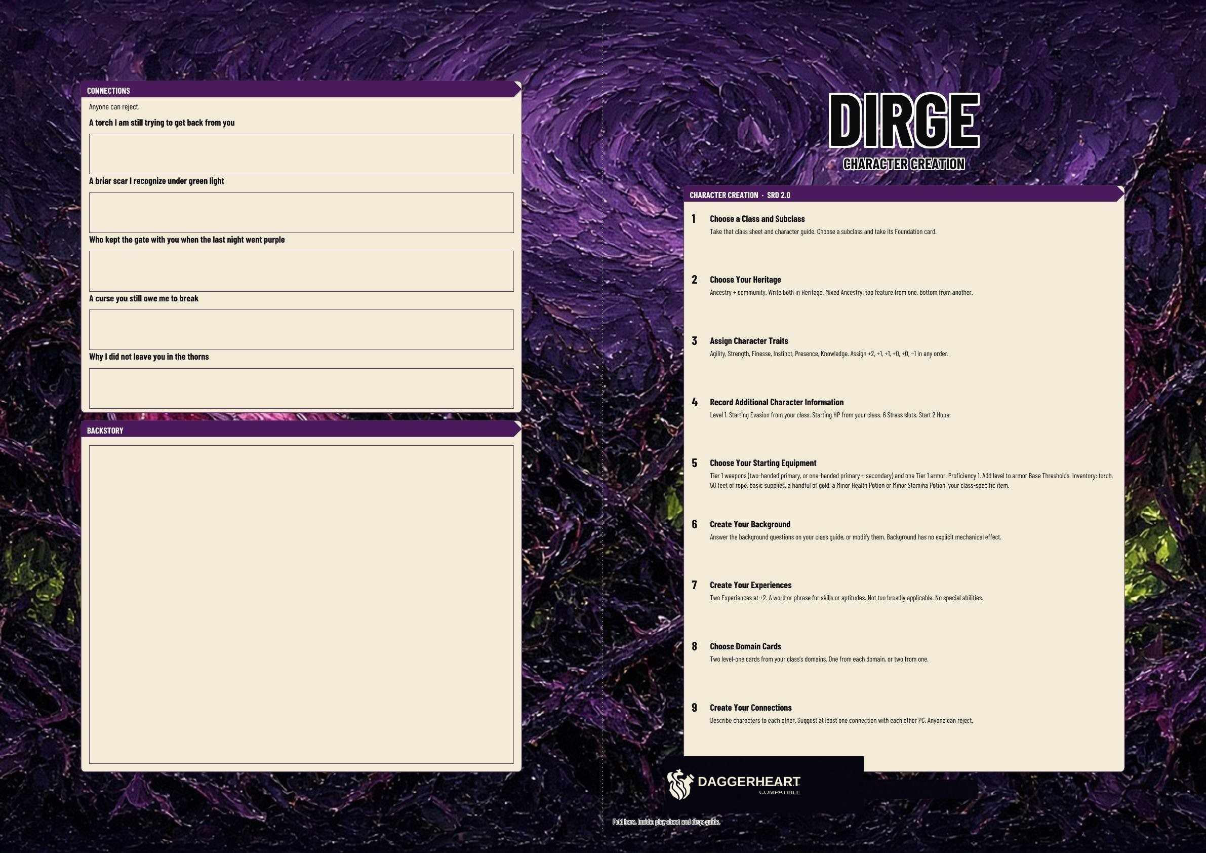 Dirge A3 Character Sheet. Full page 1 of the A3 folio.