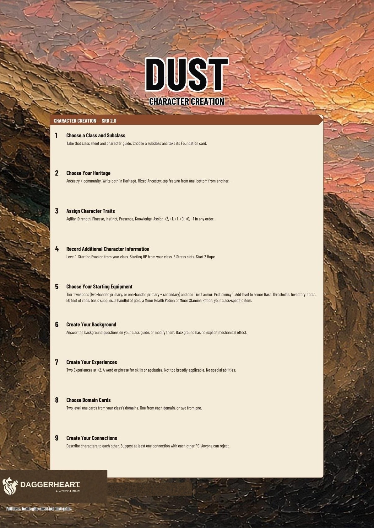 Dust printable folio cover. Title, character creation, connections, and backstory.