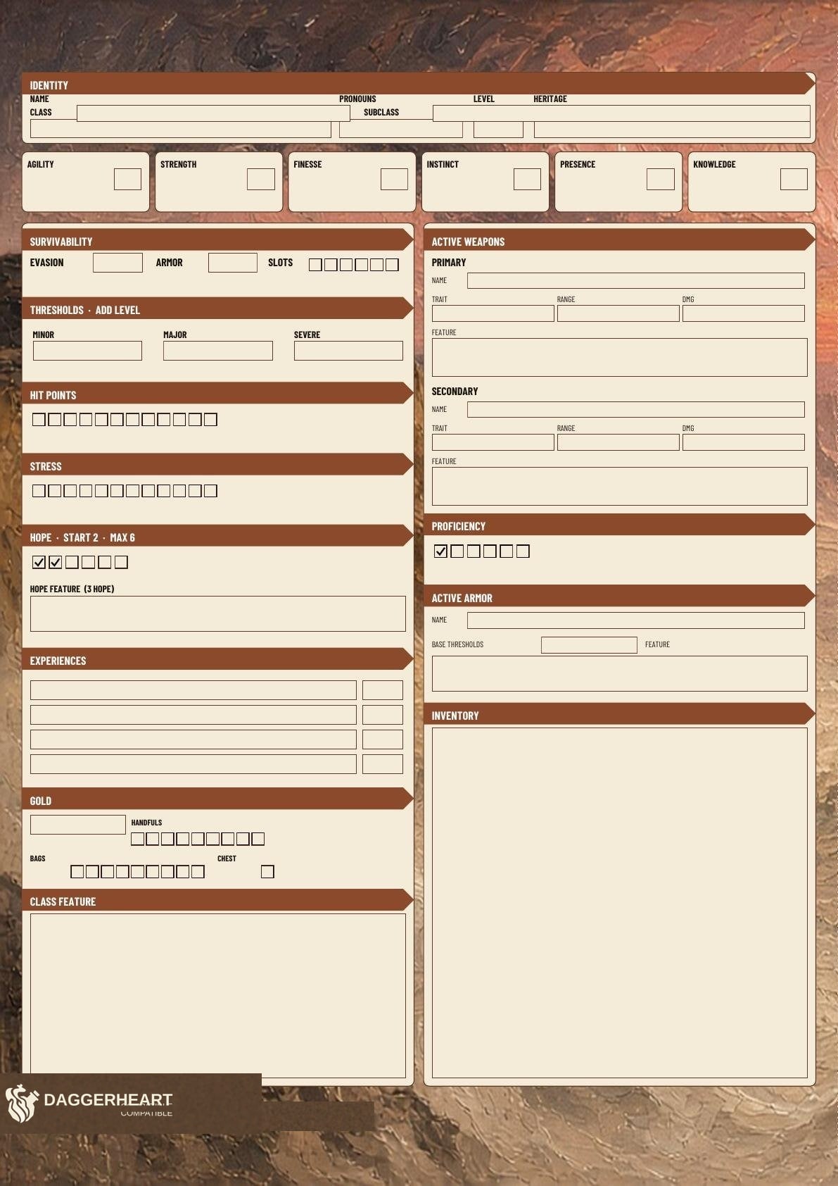 Dust A3 folio play sheet. Identity, traits, and the Dust guide.
