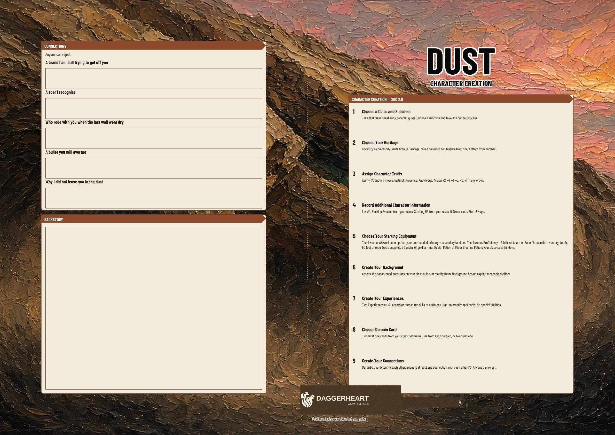 Dust A3 Character Sheet. Full page 1 of the A3 folio.