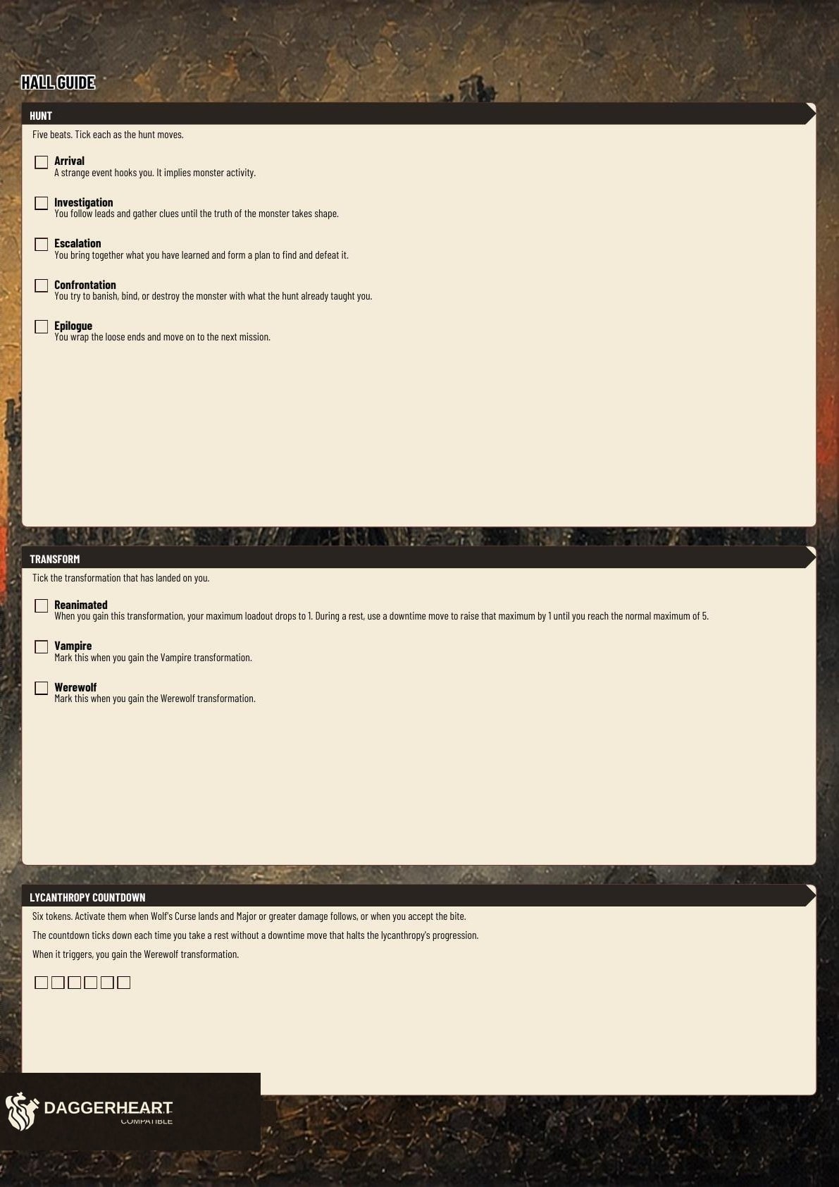 Hall A3 character sheet extras page: the Hall guide with checkbox lists in cream panels over painted art