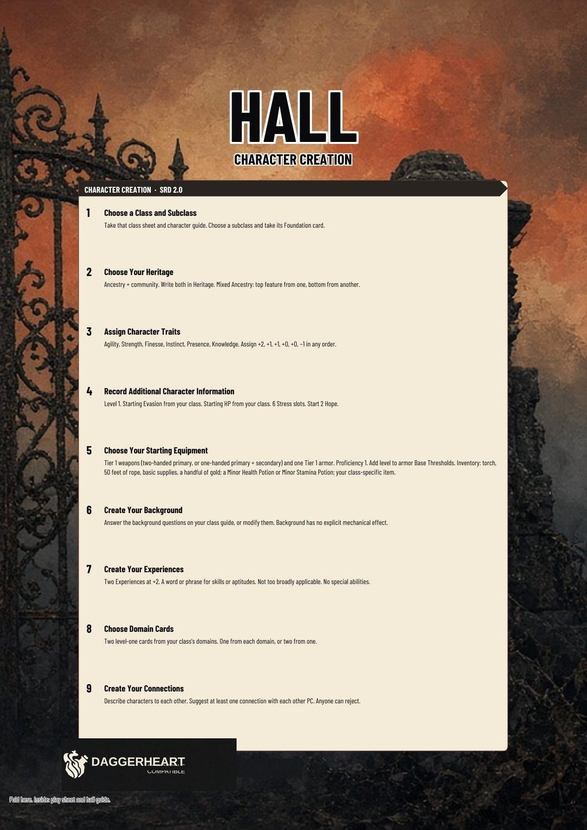Hall printable folio cover. Title, character creation, connections, and backstory.