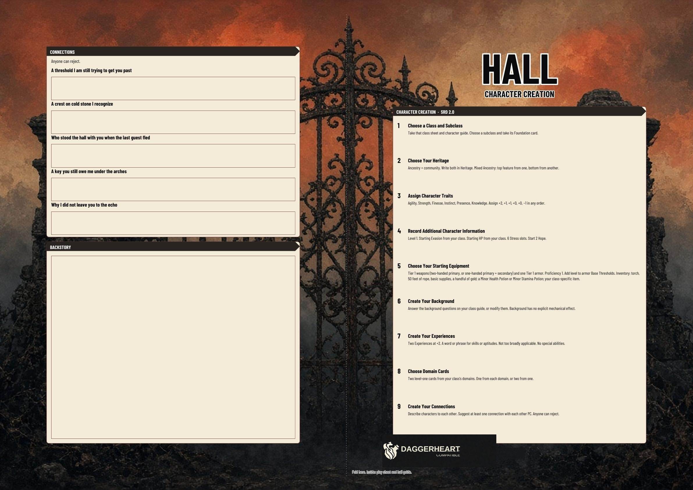 Hall A3 Character Sheet. Full page 1 of the A3 folio.