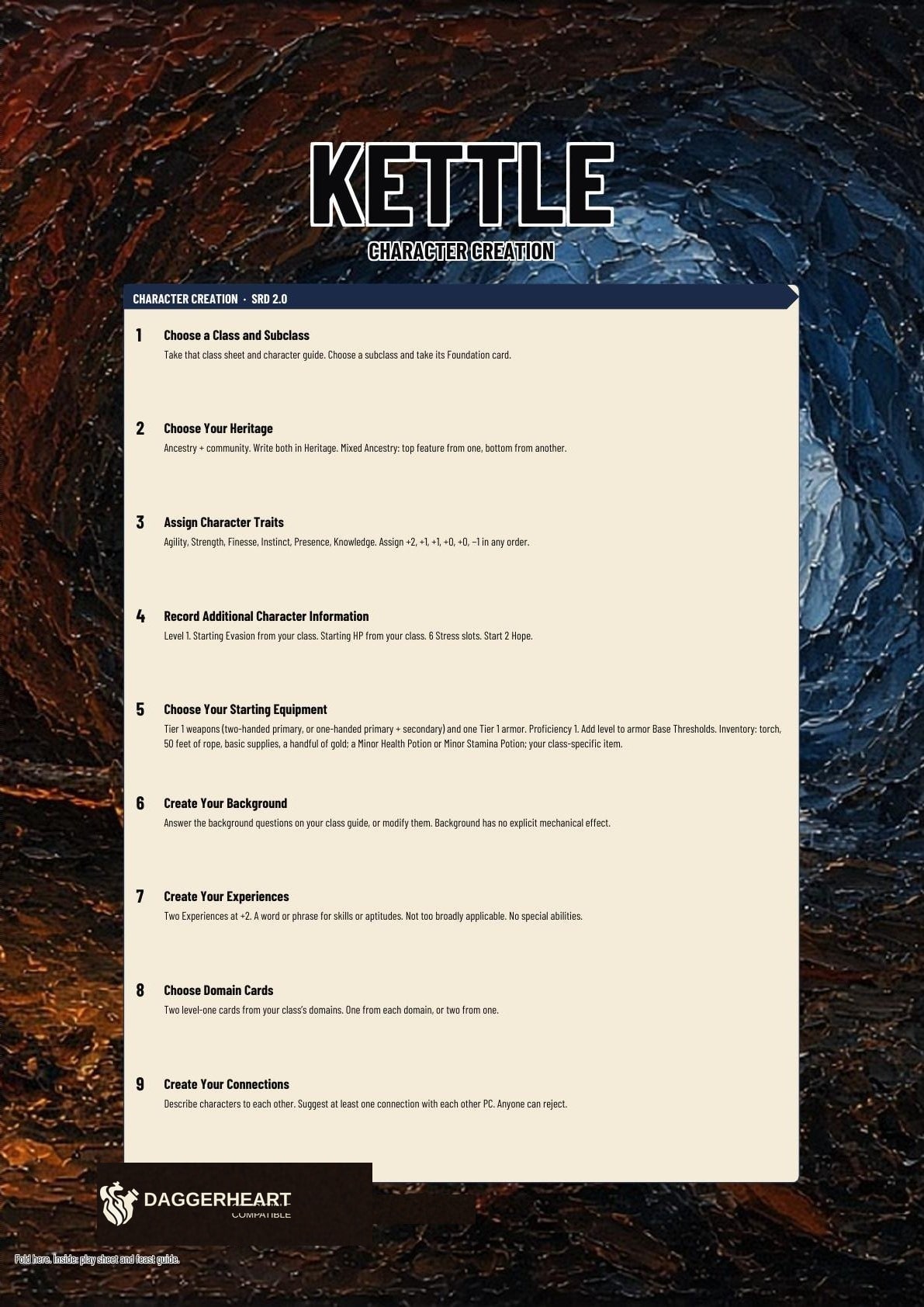 Kettle printable folio cover. Title, character creation, connections, and backstory.