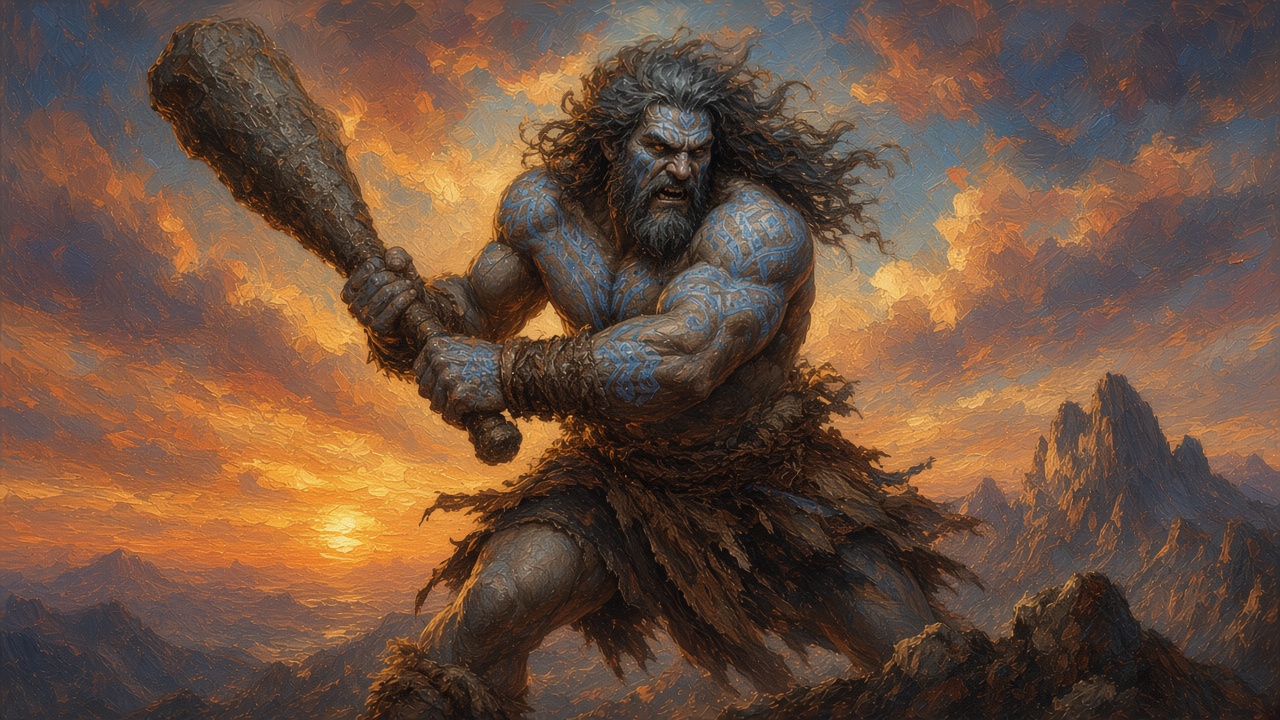 D&D goliath barbarian portrait: a grey-skinned man with pale blue pattern markings wielding a stone great club on a mountain ridge at sunset