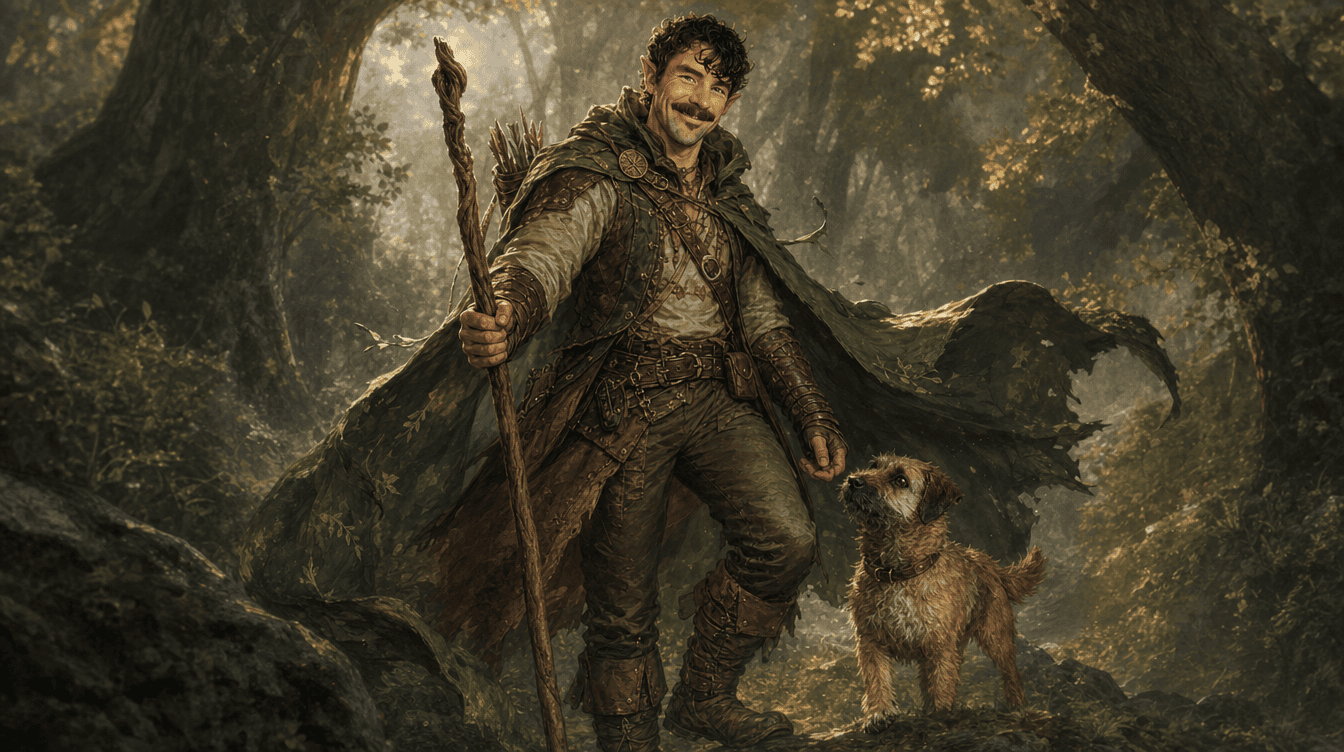 Daggerheart-compatible PC portrait: male Human Ranger (Wayfinder), smiling, walking staff in hand, dog at his side