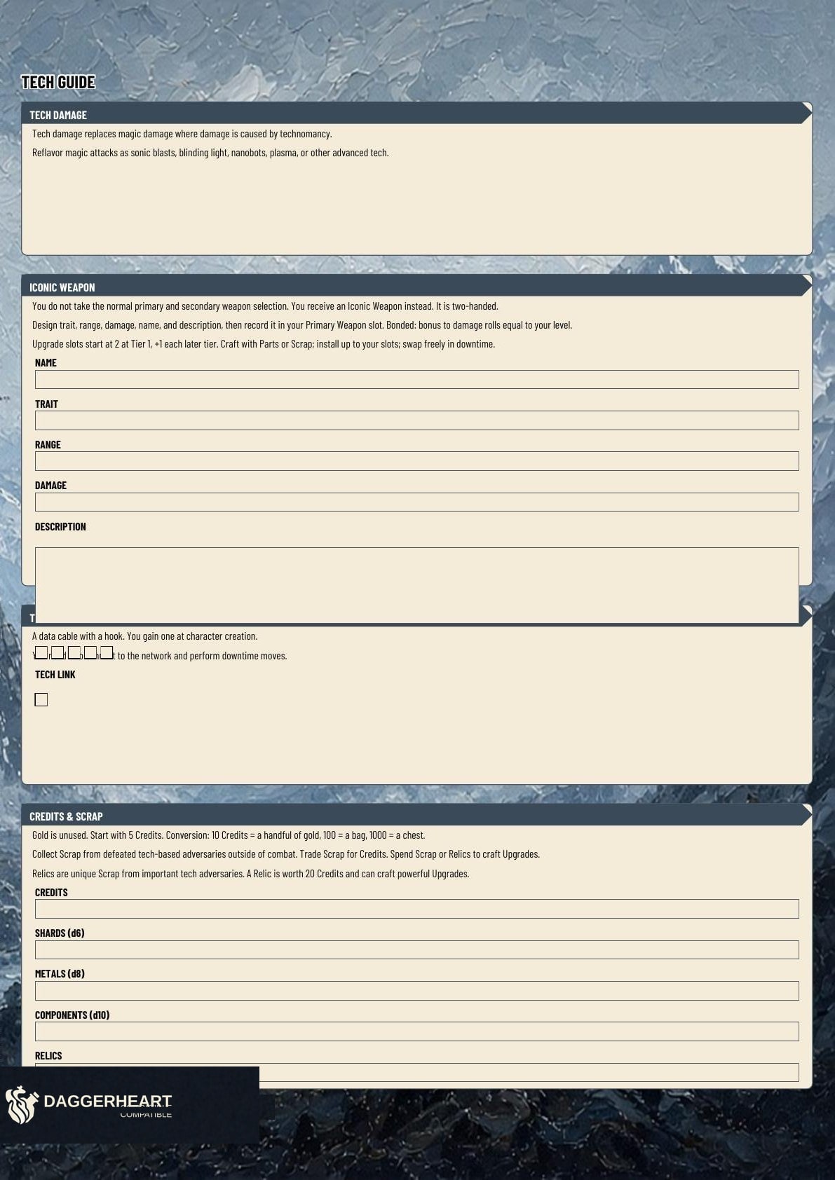 Rig A3 character sheet extras page: the Tech guide with ruled fields in cream panels over pale blue art