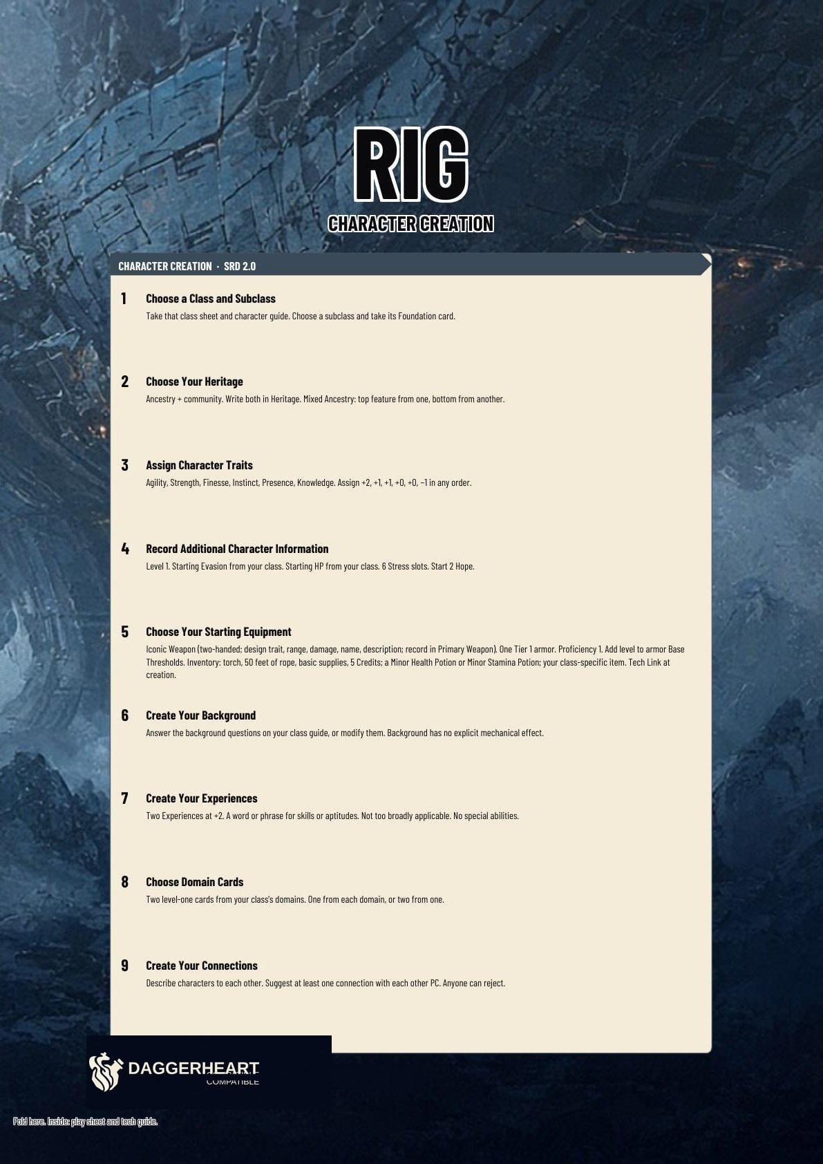 Rig printable folio cover. Title, character creation, connections, and backstory.
