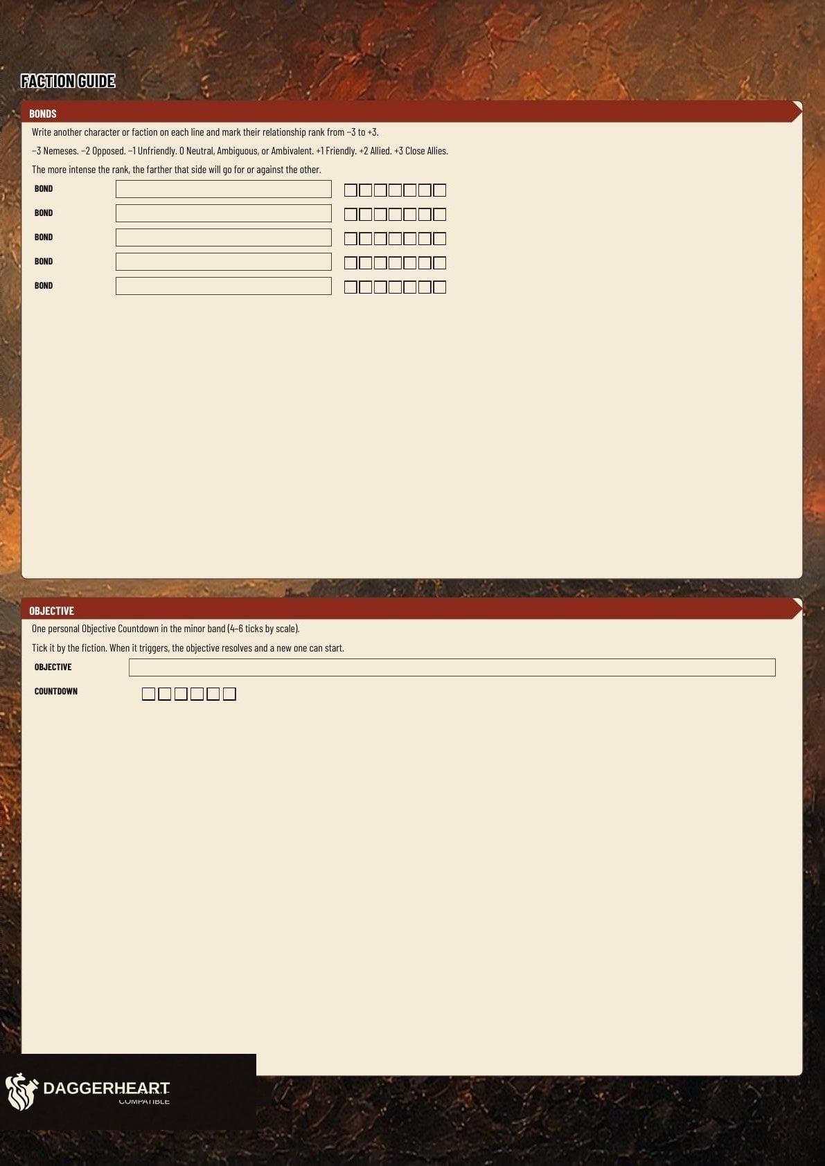 Sash A3 character sheet extras page: the Faction guide with name and rating fields over red-orange art