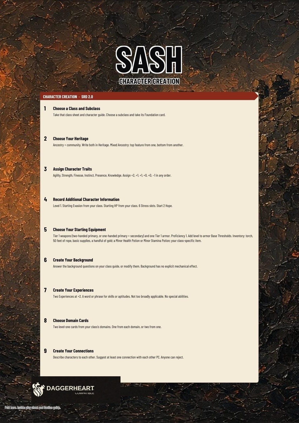 Sash printable folio cover. Title, character creation, connections, and backstory.
