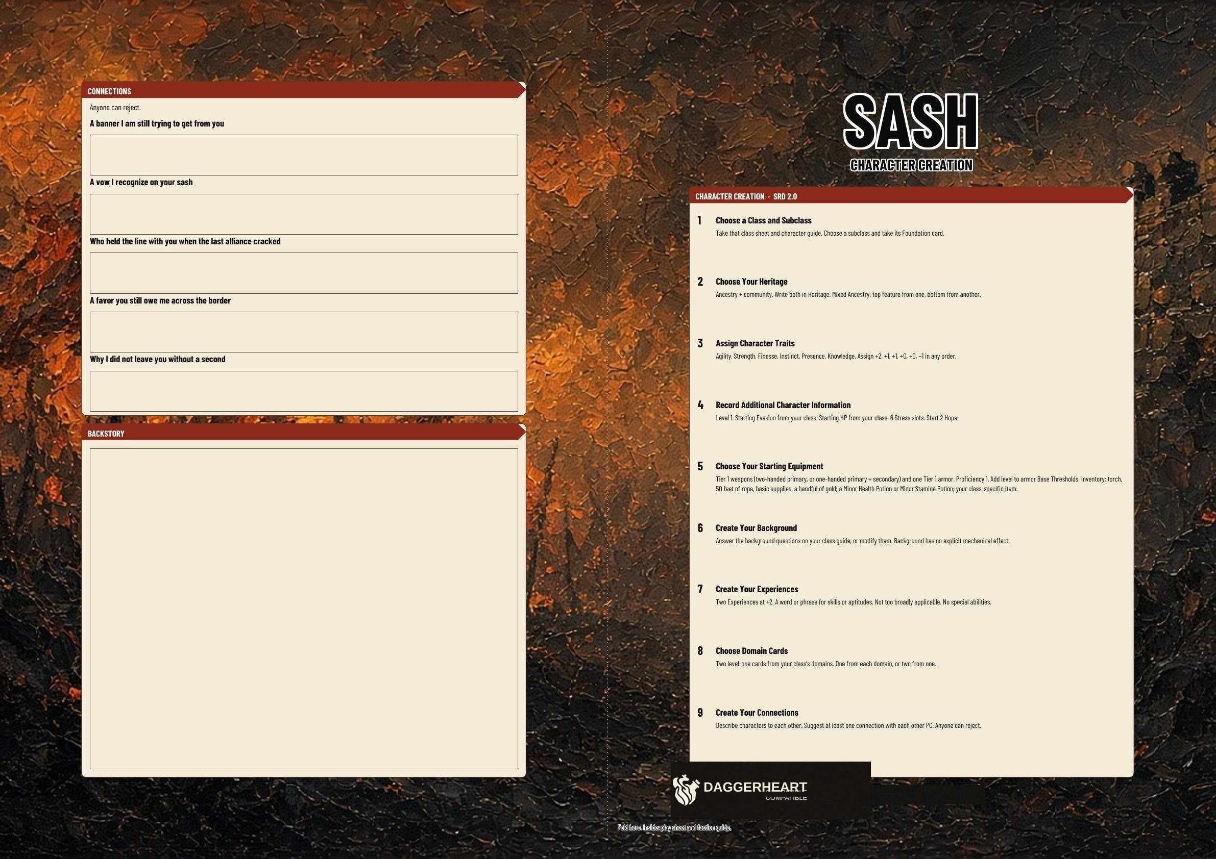 Sash A3 Character Sheet. Full page 1 of the A3 folio.