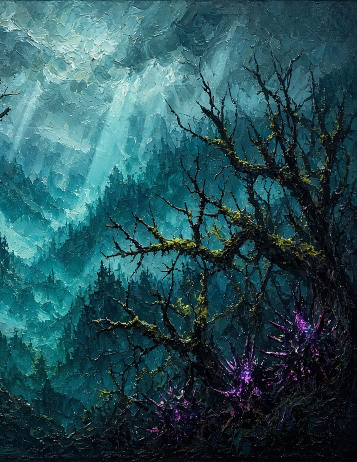Thorn artwork. Mossy branches and purple thorn growths in mist.