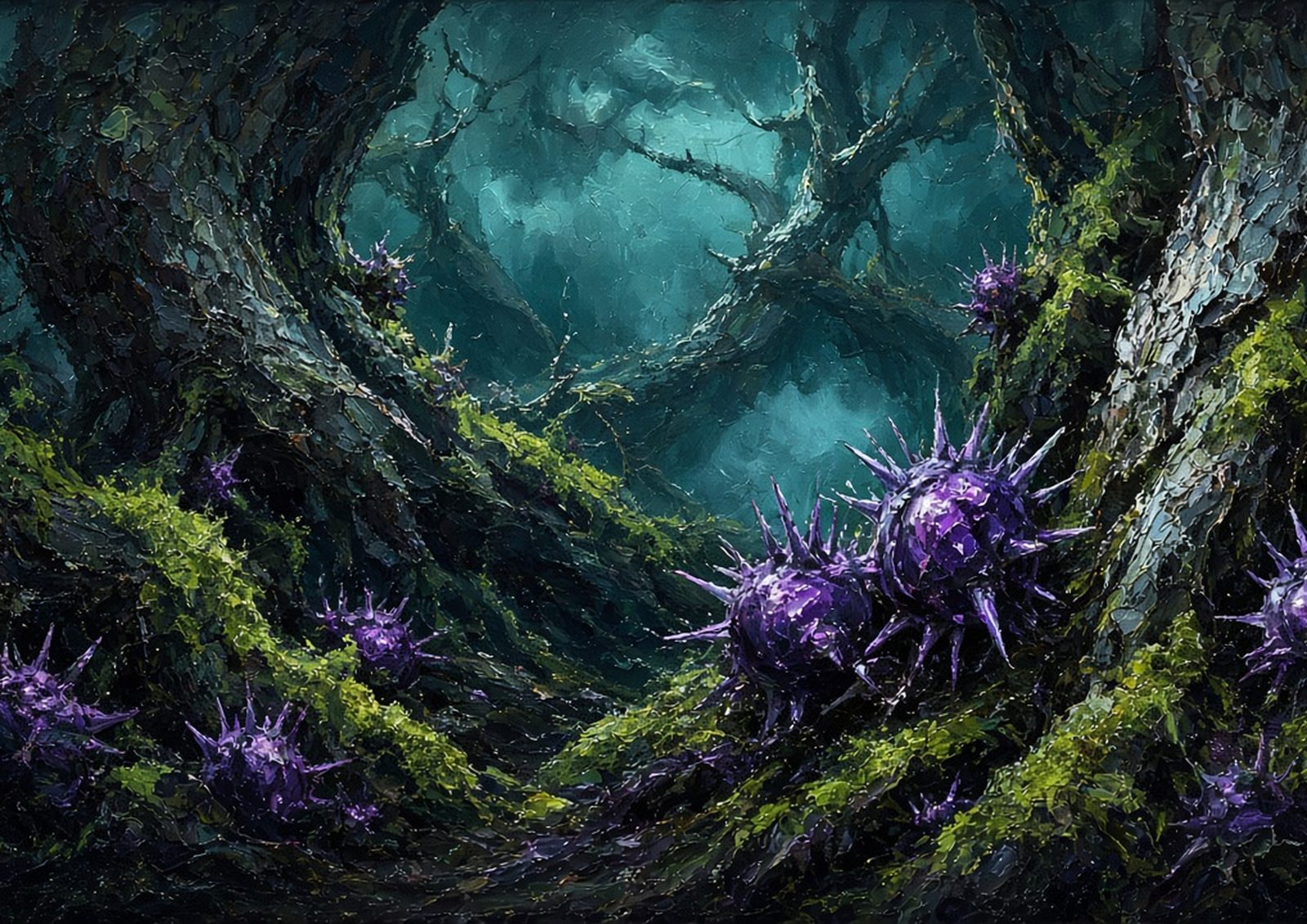Thorn cover artwork. Spiked thorns on a mossy forest floor.