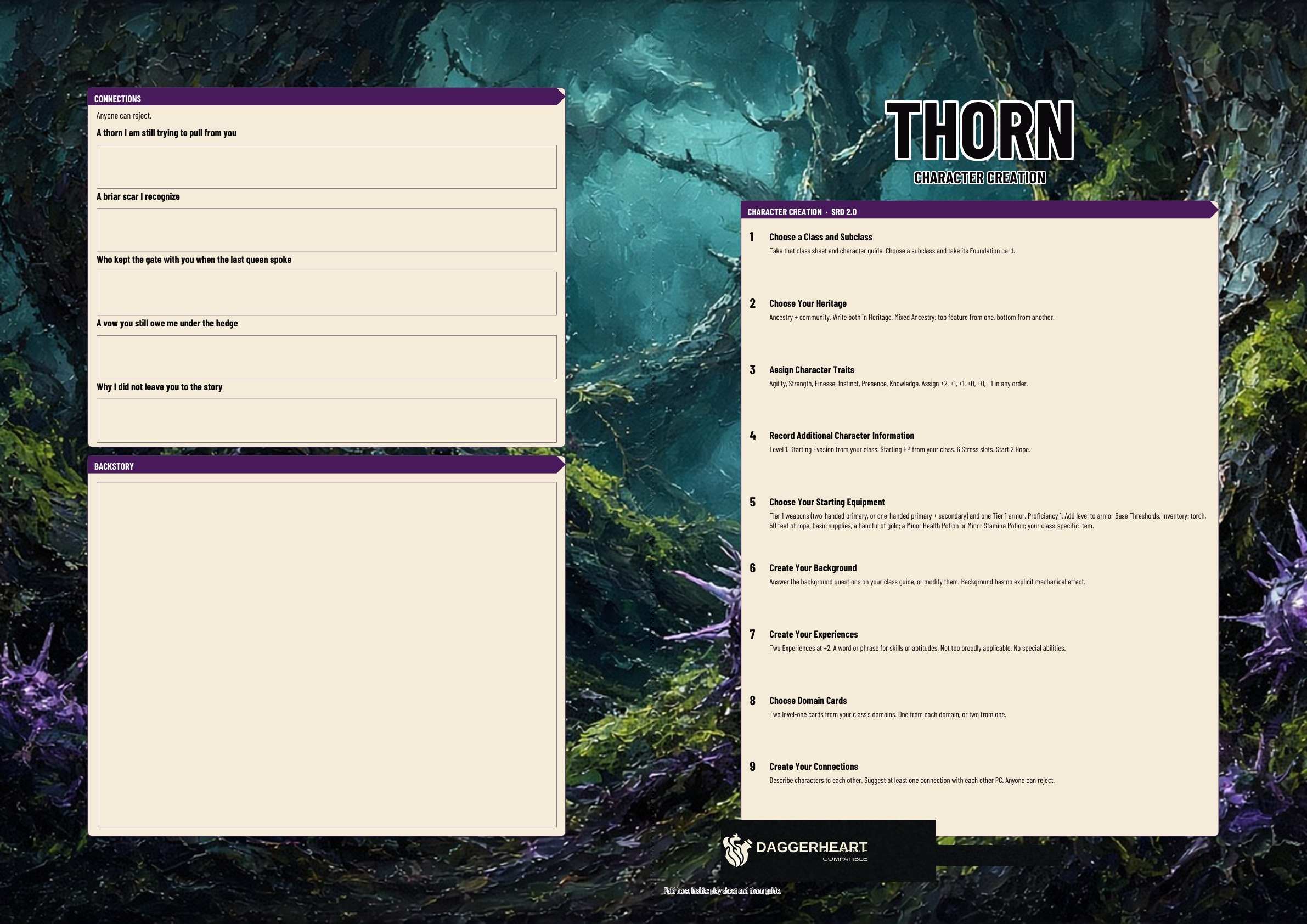 Thorn A3 Character Sheet. Full page 1 of the A3 folio.