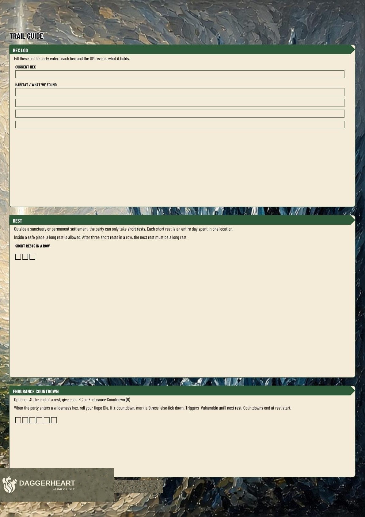 Trail A3 character sheet extras page: the Trail guide in cream panels over green painted art