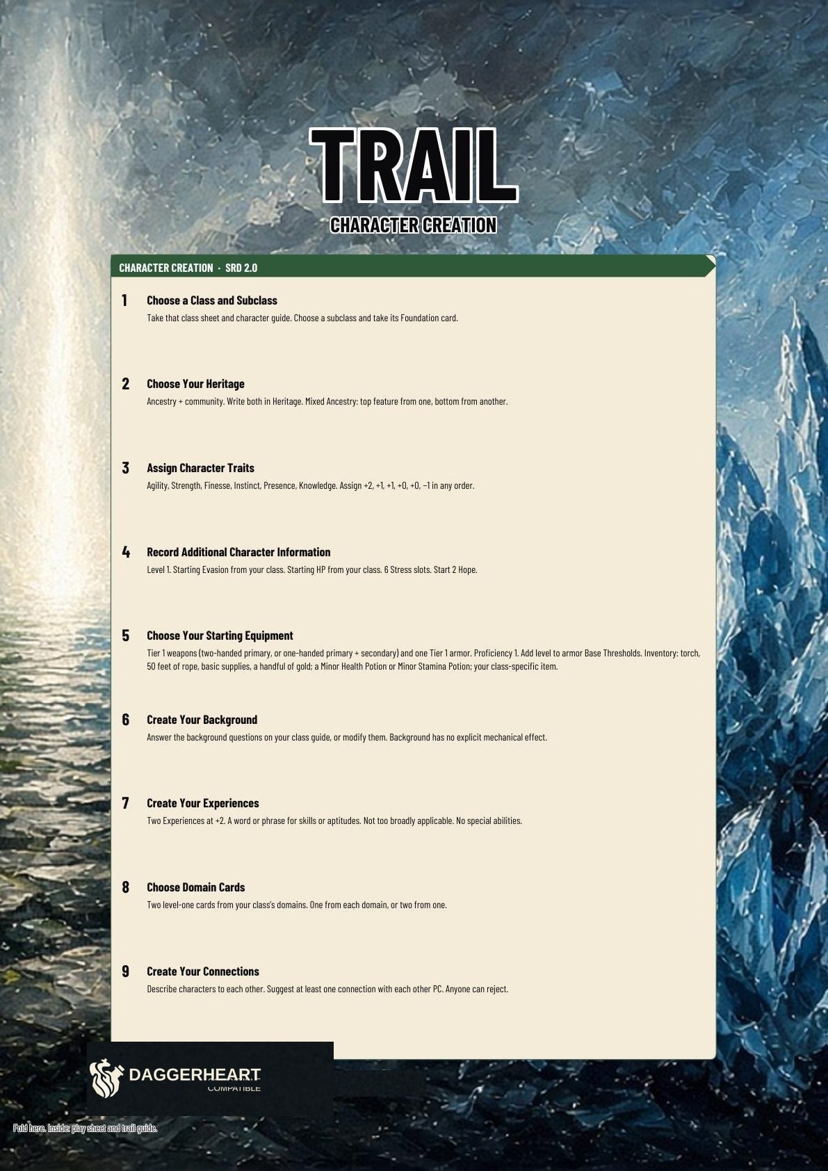Trail printable folio cover. Title, character creation, connections, and backstory.