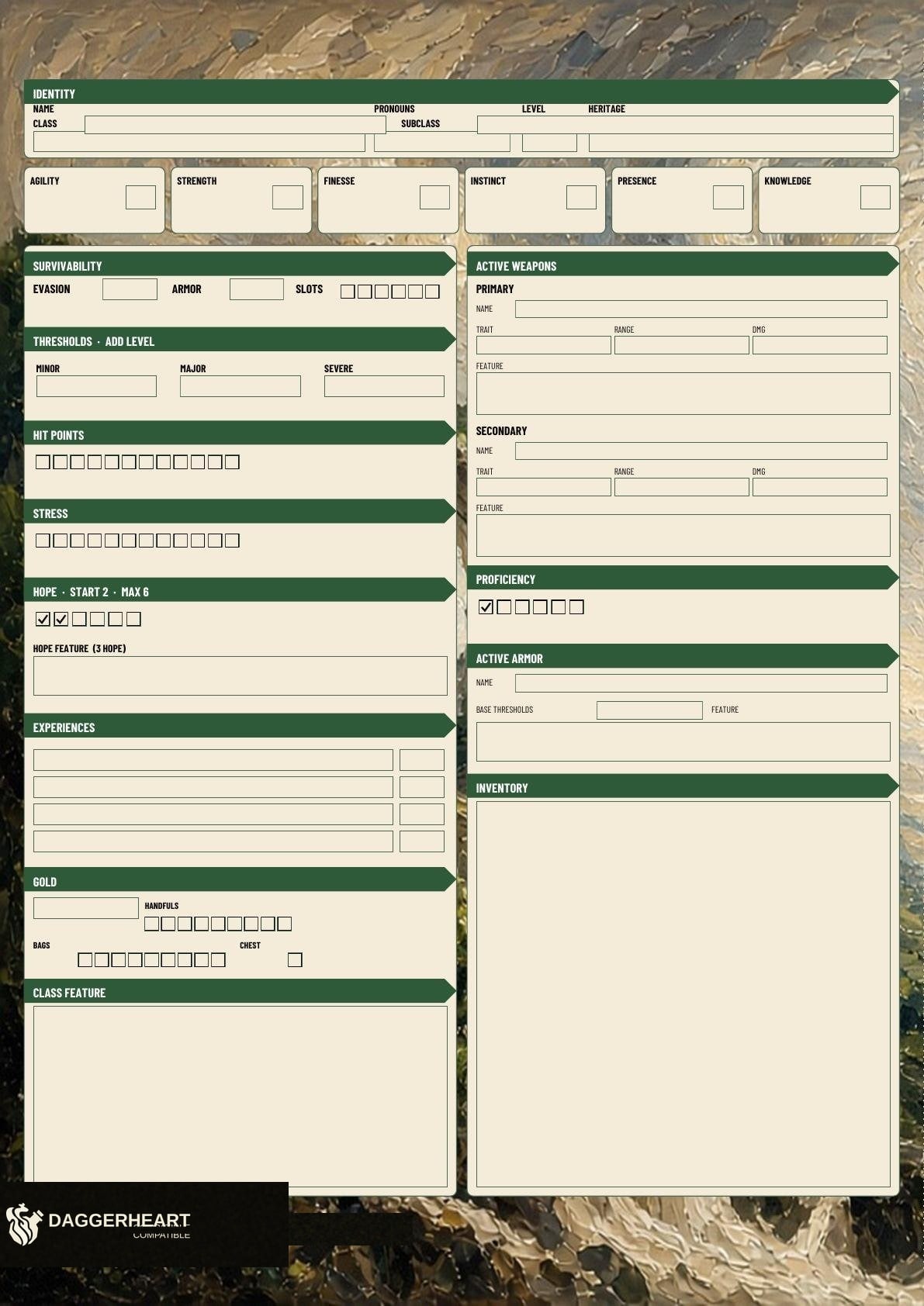 Trail A3 folio play sheet. Identity, traits, and the Trail guide.