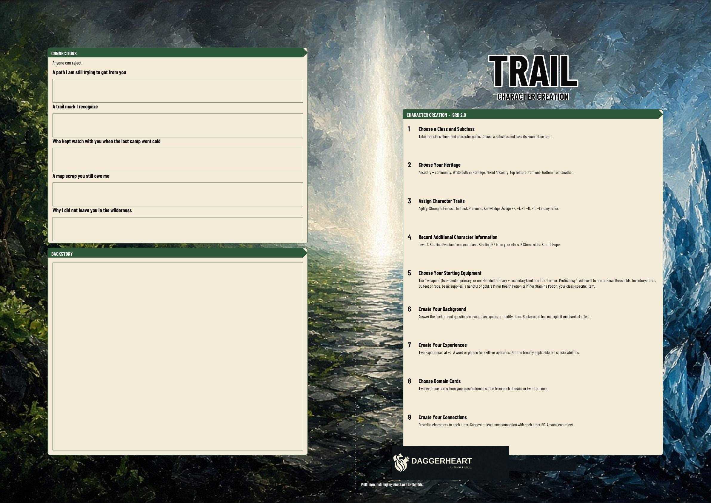 Trail A3 Character Sheet. Full page 1 of the A3 folio.