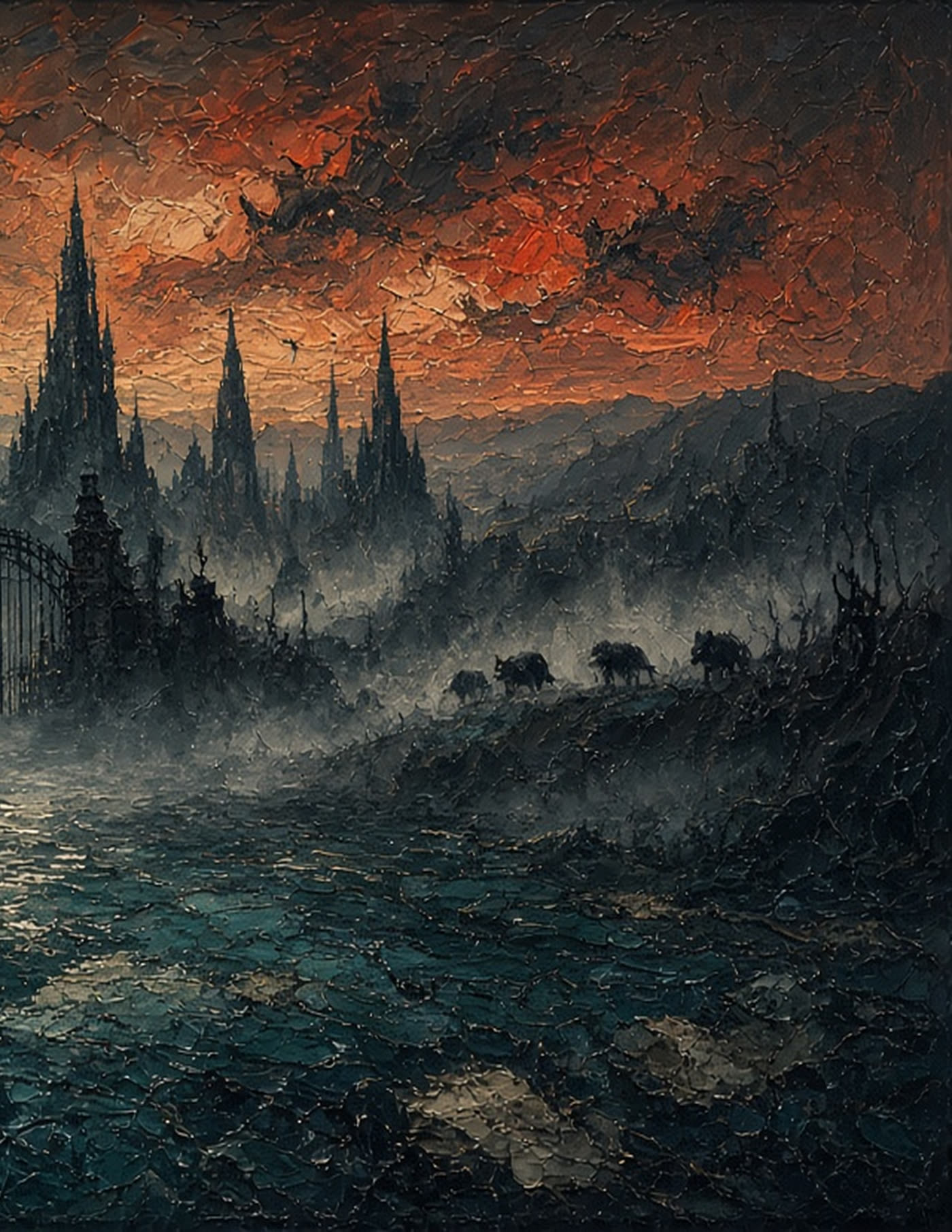 Veil artwork. Wolves on a ridge, gothic spires, dusk sky.