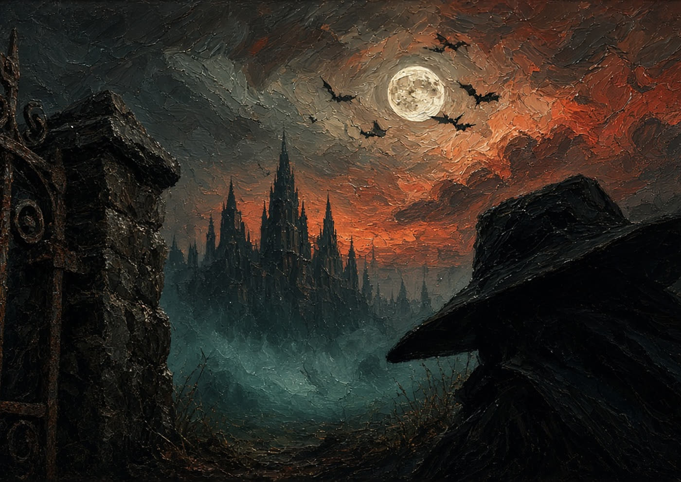 Veil cover artwork. Hunter at an iron gate, moon, and gothic spires.