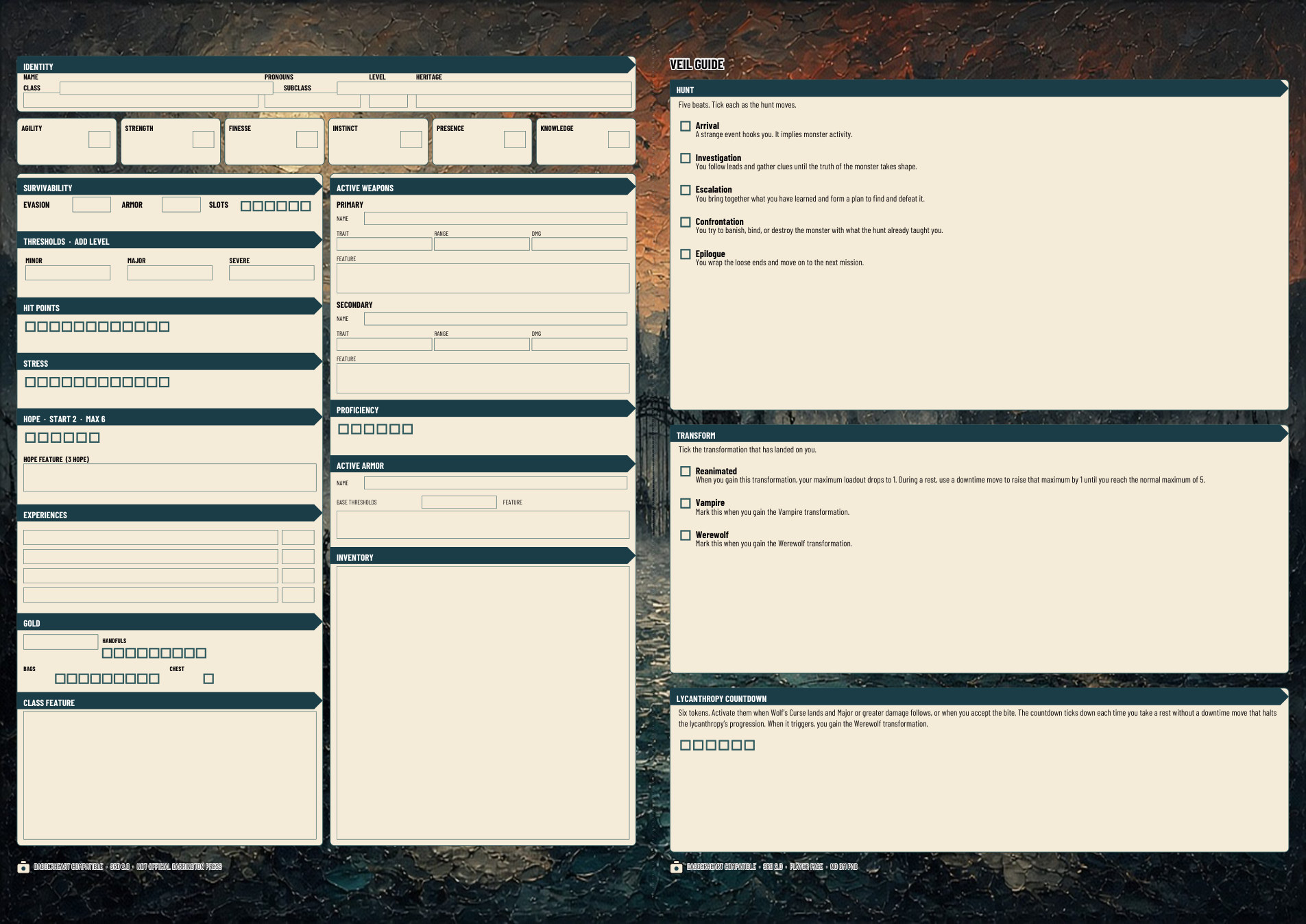 Veil A3 folio play sheet. Identity, traits, hunt beats, and the Veil guide.