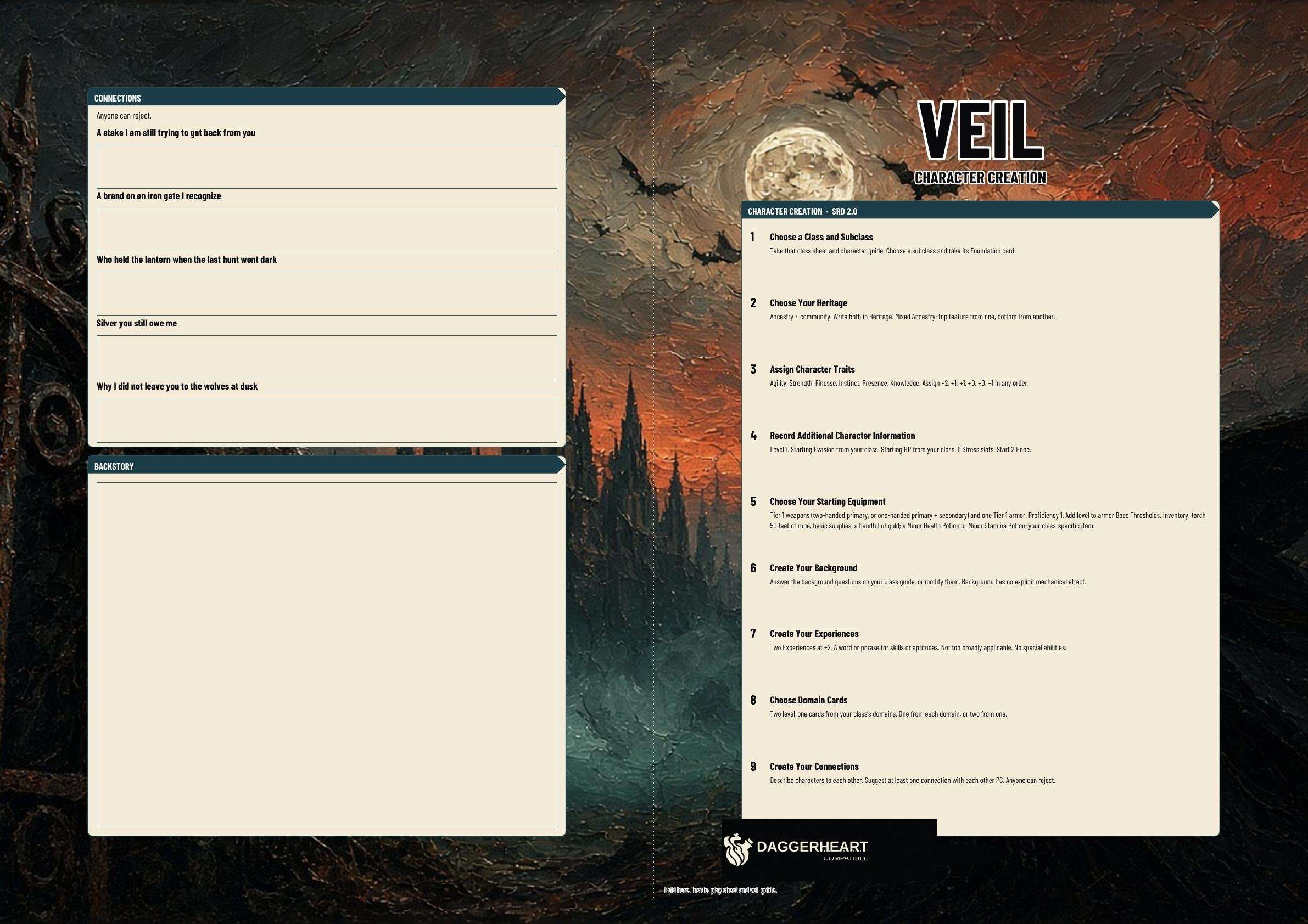 Veil A3 Character Sheet. Full page 1 of the A3 folio.